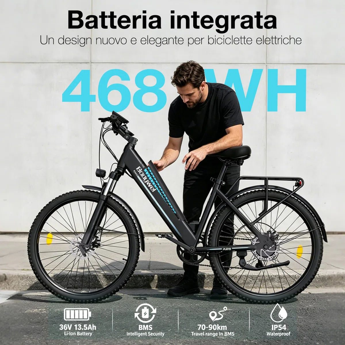 Bodywel A26 E-Bike Uomo 26 Pollici, Bicicletta Elettrica con Batteria Rimovibile 36V 13Ah, Autonomia 50-70km, Motore 250W, 7 Velocità, Freni a Disco Meccanici, E-Bike da Città