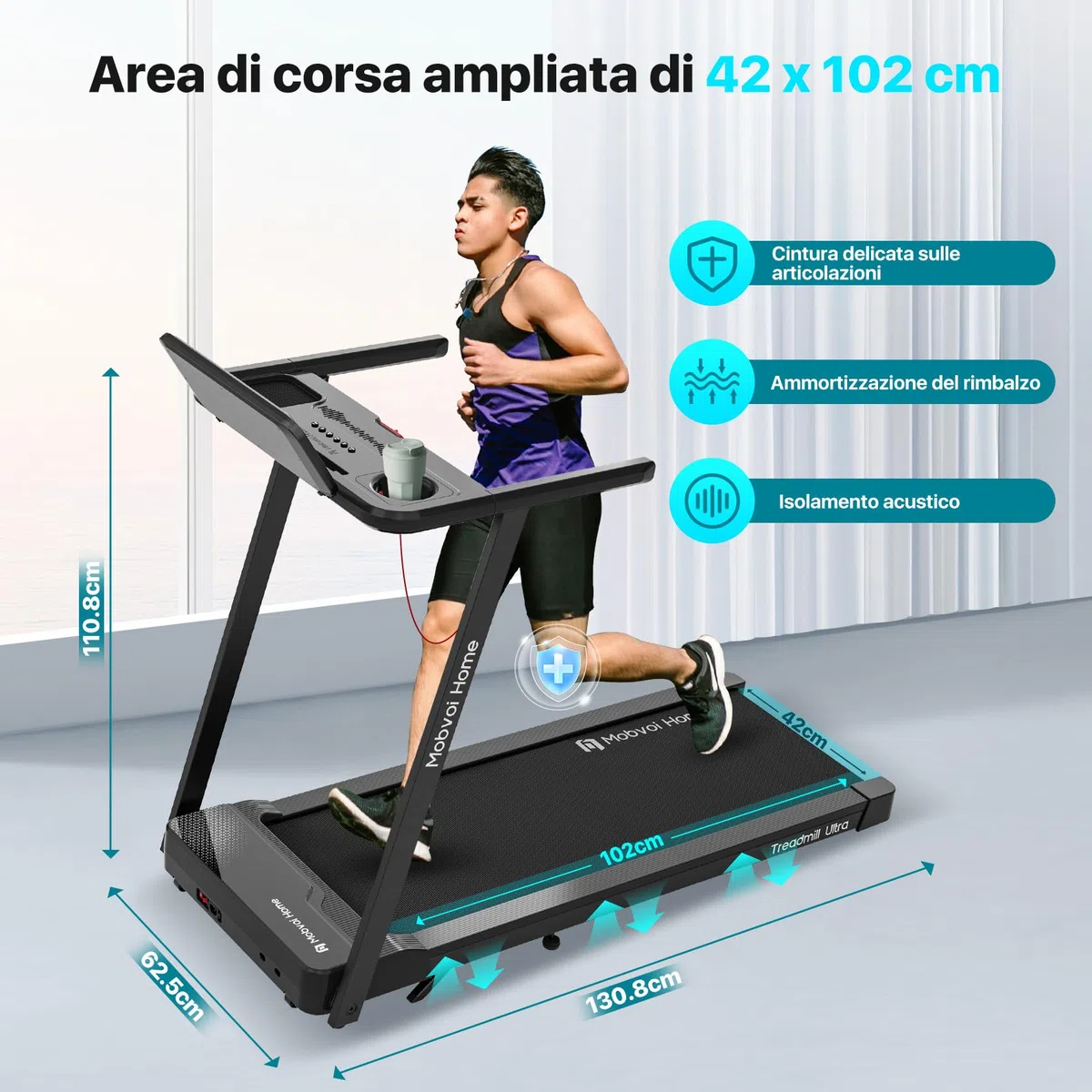 Mobvoi Home Tapis Roulant Ultra AI Intelligente 3 in 1 con Inclinazione del 6%, 12km/h 2,5HP Supporto per Tapis Roulant per Tazza Telefono Laptop Ampia Area di Corsa TicSports Zwift Kinomap 120kg