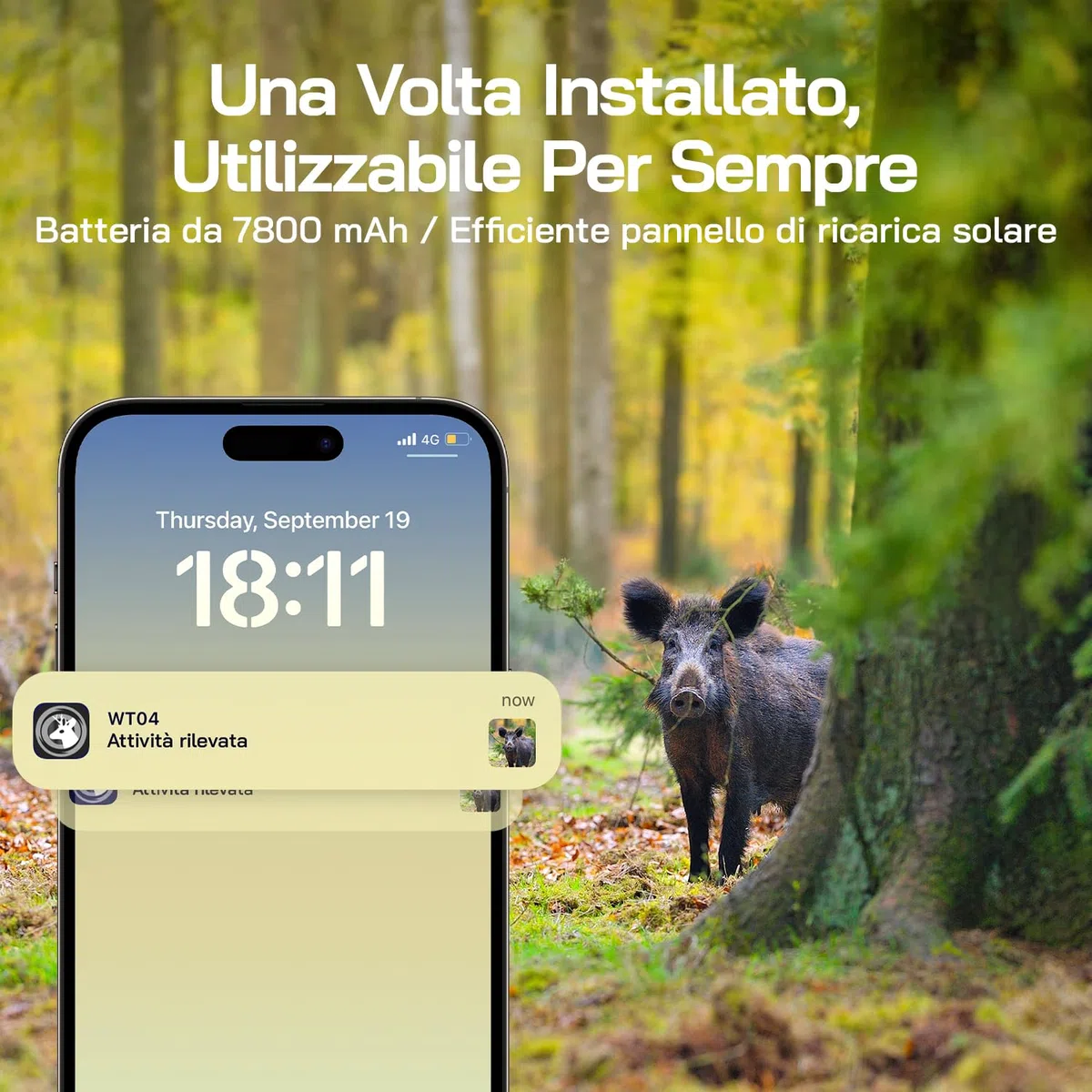 WOLFANG Fototrappola, 4G LTE Fototrappola Solare 2.5K con Scheda SIM Preinstallato e SD, Fotocamera con Allarme, Visione Notturna, Angolo 120° 82ft, Tempo di Scatto 0,2s, IP66 Impermeabile, Nero
