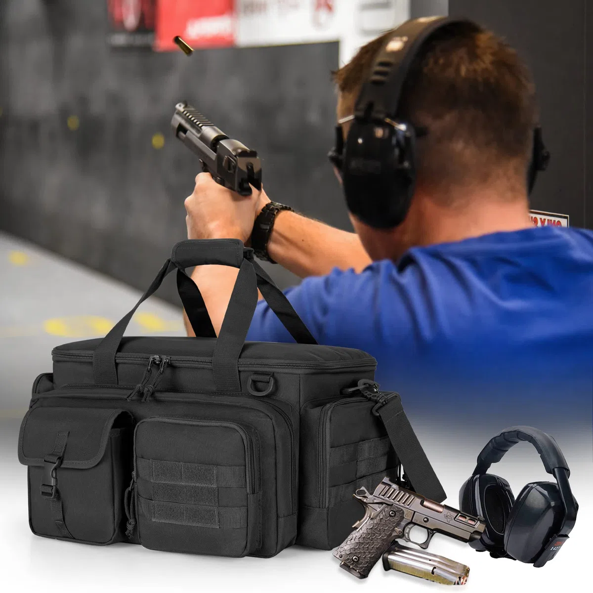DSLEAF Sac tactique pour pistolet avec 4 étuis à pistolet, sac de sport rembourré avec 16 emplacements pour magazines et poches supplémentaires pour munitions et essentiels (brevet en instance)