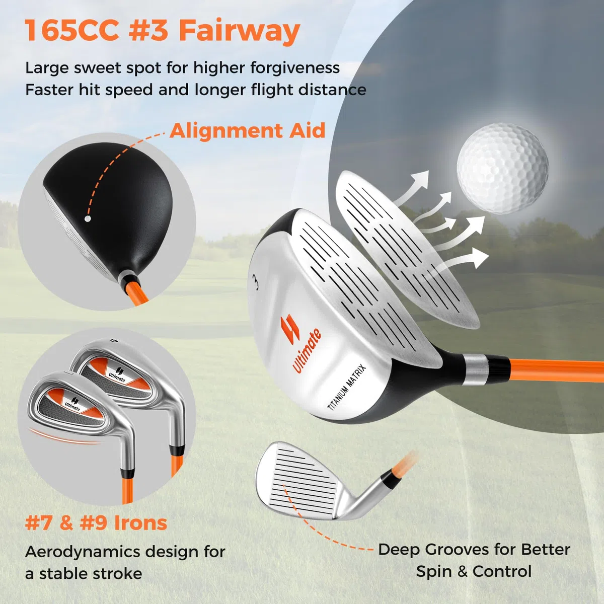 LIFEZEAL Pbastoni da golf per bambini destrimani con #3 Fairway, ferro #7 e #9, Putter, Cappotta, Attrezzatura da golf per bambini e ragazze da 8 a 10 anni