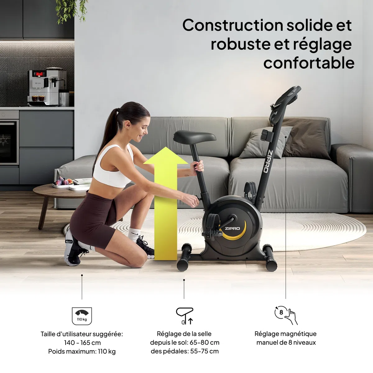 ZIPRO Cyclette da Casa con 8 Livelli di Resistenza Magnetica, Supporto per Smartphone, Schermo LCD, Sella Regolabile, Cyclette per Casa per Più Esercizi, Ciclette Professionale da Camera (One S)