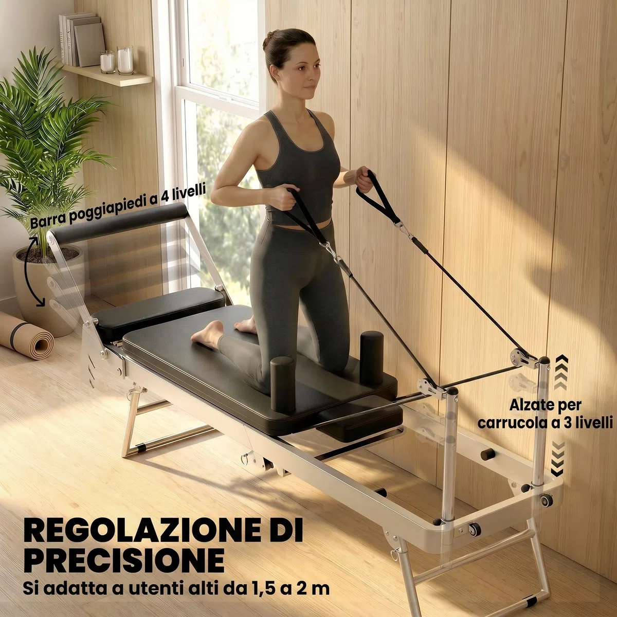 SPORTNOW Reformer Pilates per Casa Pieghevole con Resistenza Regolabile, Macchina Pilates Reformer con Barra Poggiapiedi e Sistema Pulegge Regolabile, Molle, Allenamento Palestra Casa Principianti