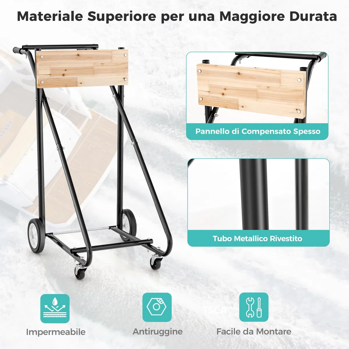 GYMAX Sostegno Motore per Imbarcazioni Fuoribordo, Carrello Porta Motore Pesante con Solida Tavola in Compensato Spesso, 4 Ruote Lisce, Maniglia Ergonomica, Supporto Motore per Imbarcazioni