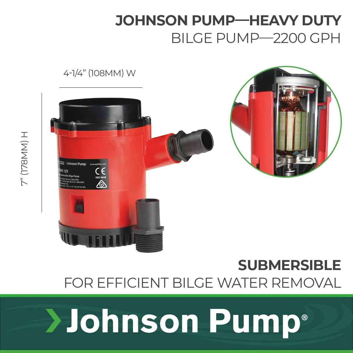 Johnson Pump Pump, HD Bilge Pompa 12V 2200 GPH Uomo, Beige, Taglia Unica