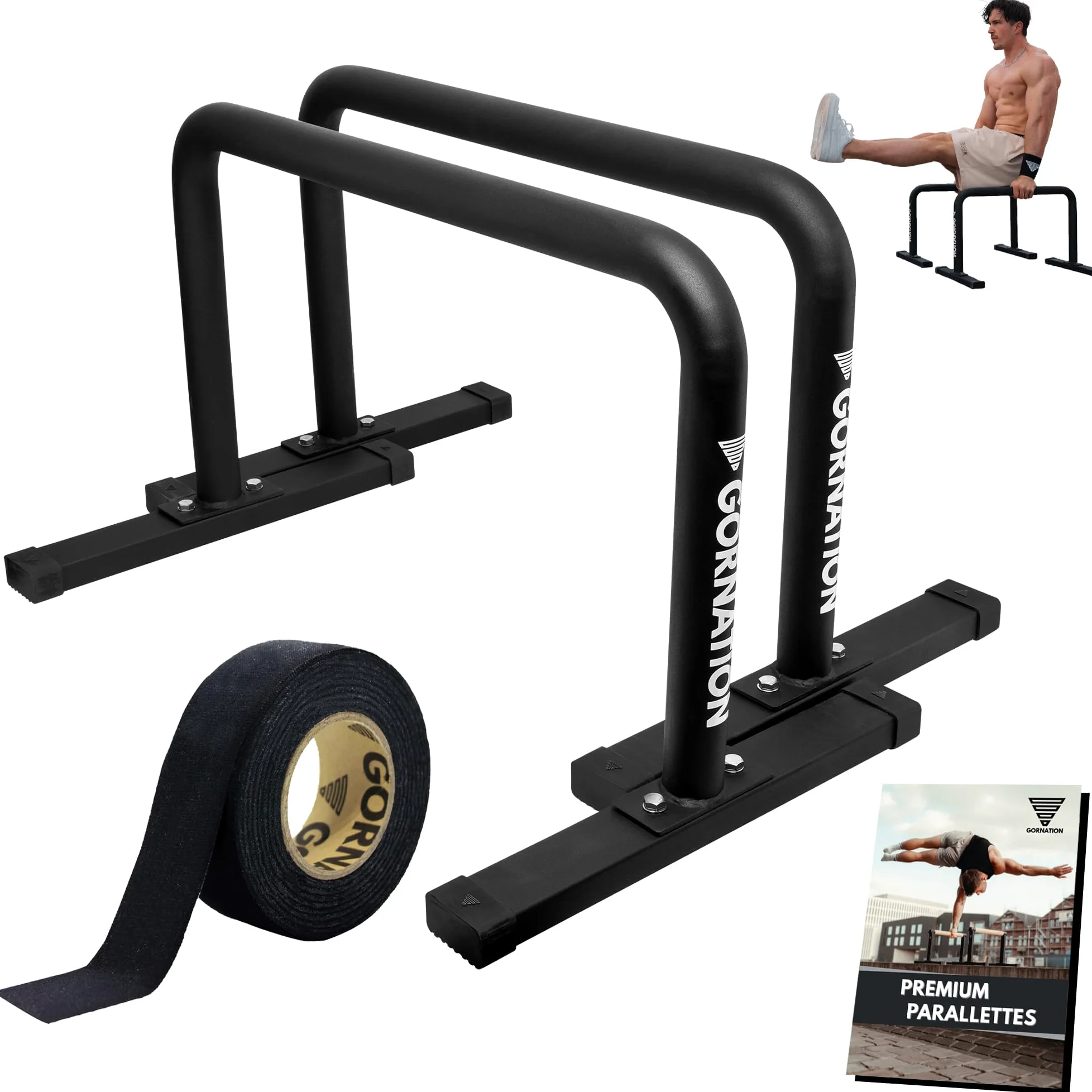 GORNATION Parallettes Alte in Metallo, Barre Parallele per Calisthenics con Impugnature Antiscivolo per Push Ups, Dips, L-Sits, Palestra e Allenamento Outdoor, Push Up Bars incl. Nastro per Grip