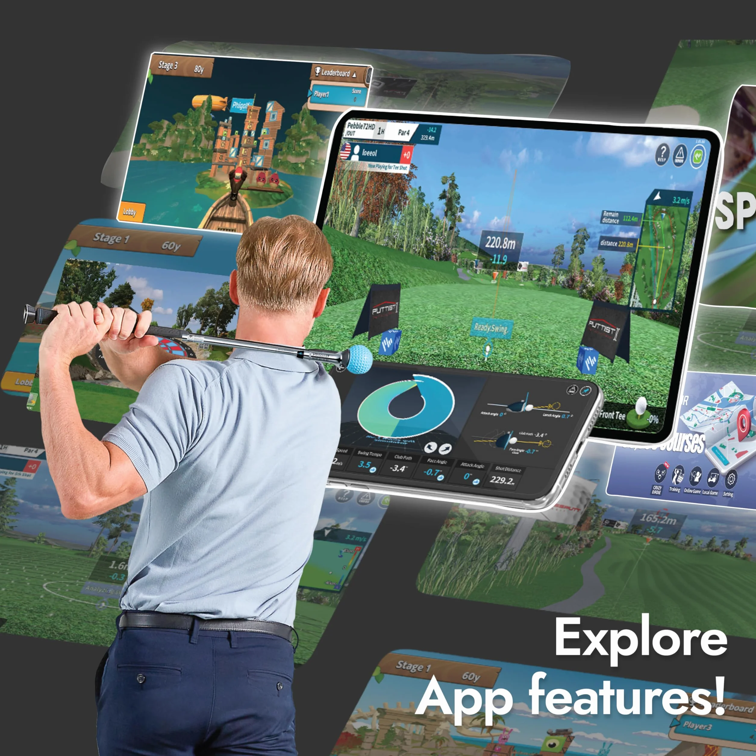 PHIGOLF Phigolf2 - Simulatore da Golf con Bastone per Altalena per Interni ed Esterni, con sensore di Movimento aggiornato e analisi Dell'Oscillazione 3D, Compatibile con App WGT/E6 Connect, Funziona