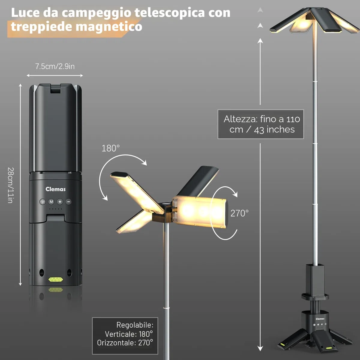 Lampada da campeggio telescopica ricaricabile Clemas, 14000 mAh, LED multifunzione, lanterna magnetica, per cantieri, senza fili, dimmerabile, 6000 lm, IPX5