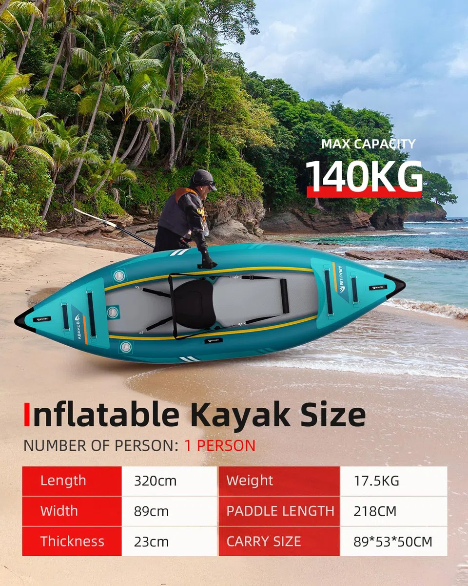Abahub 320cm/420cm Kayak Gonfiabile con Pagaia, Sedile, Poggiapiedi, Pompa a Mano e Borsa per Kayak Canoa Gommone 1/2 Posti 320/420x89x23cm Azzurro