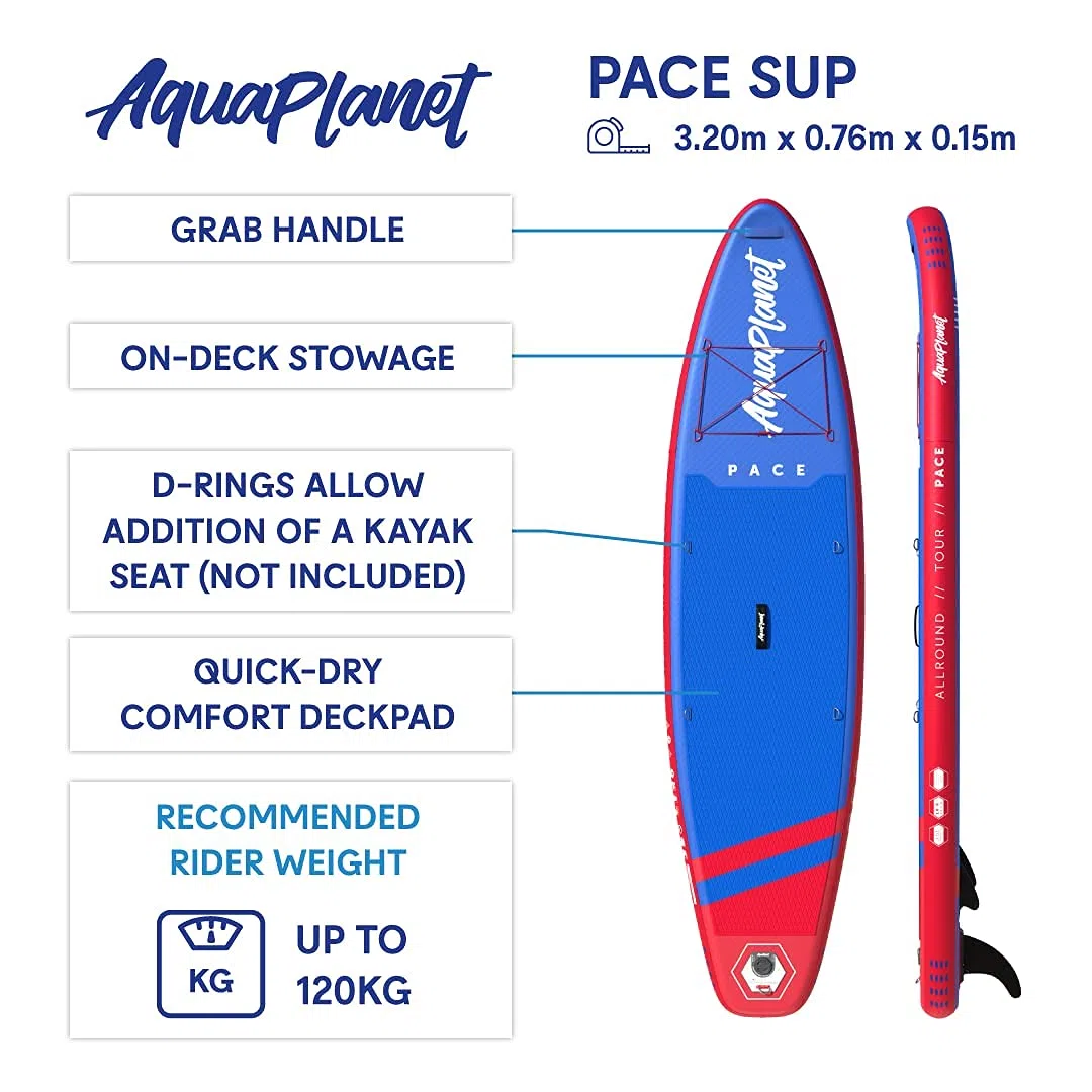 AQUAPLANET SUP Gonfiabile Pace 325 cm. Tavola Paddle Surf (Principianti ed Esperti) con Pinna, Pagaia, Pompa, Kit di Riparazione,Zaino, Guinzaglio, Borsa Stagna, Tracolla