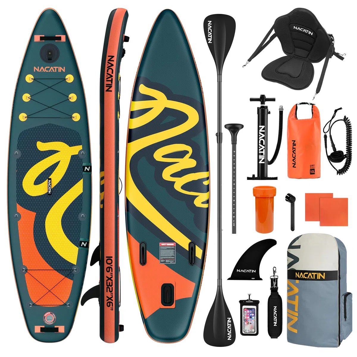 NACATIN Tavola SUP gonfiabile da 320 cm con sedile per adulti, con doppia pagaia, sedile per kayak, zaino, tracolla, borsa asciutta, kit di riparazione, per lago, fiume, yoga