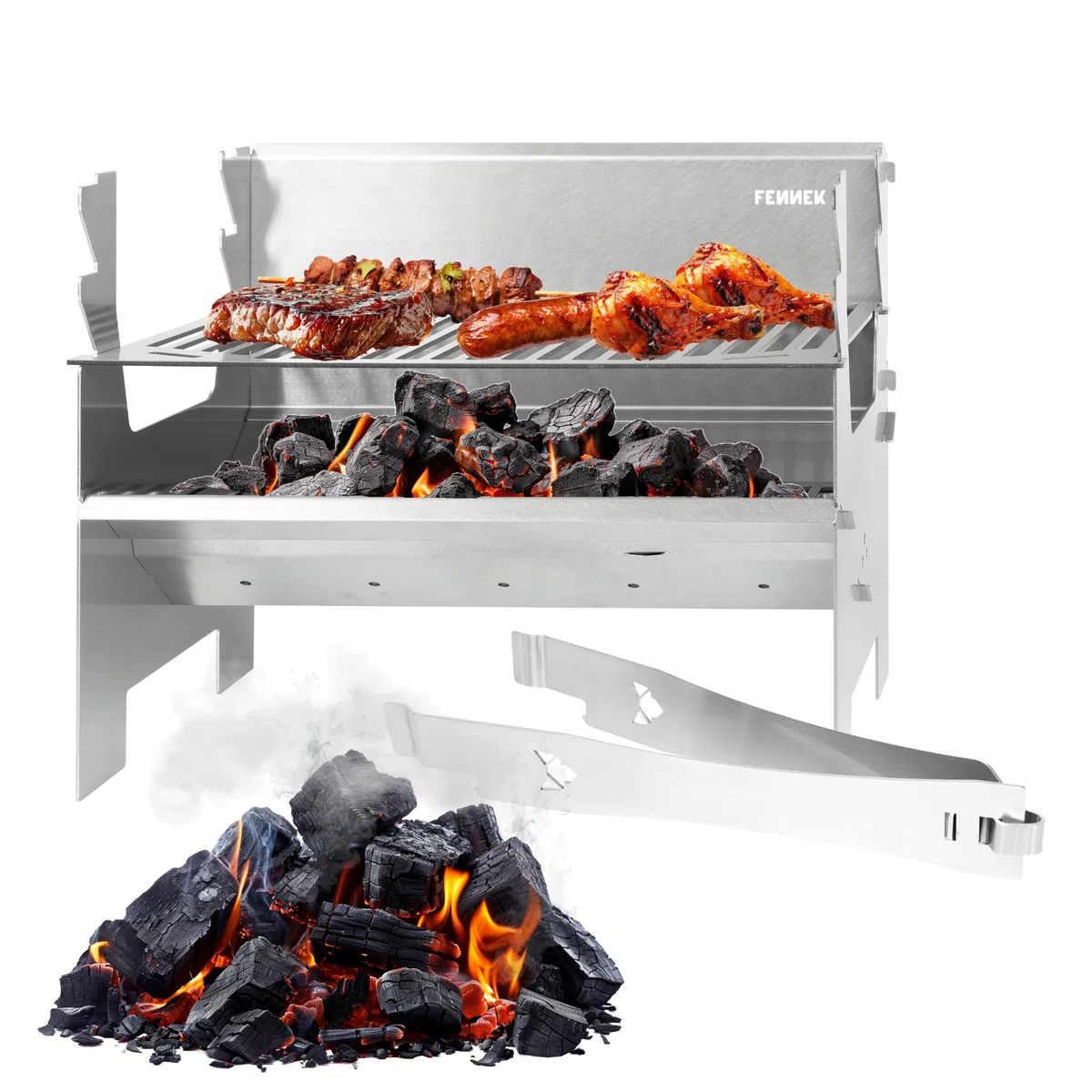 FENNEK 2.0 | Barbecue a carbonella portatile ad incastro in acciaio inox | per divertimento in campeggio, in camper, in giardino e durante attività all'aperto