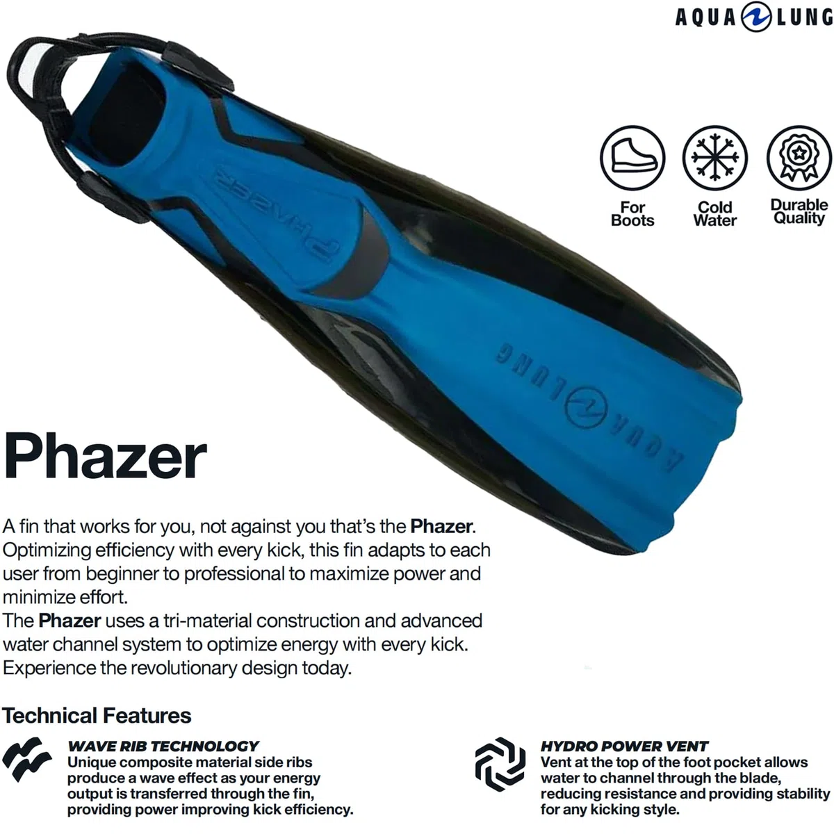 Aqua Lung PHAZER Pinne Sub per Adulti per Tutti i Livelli con l'innovativa Tecnologia Wave Rib, Design bilanciato, Potente e idrodinamico, Ottimi per Immersioni subacquee e Snorkeling