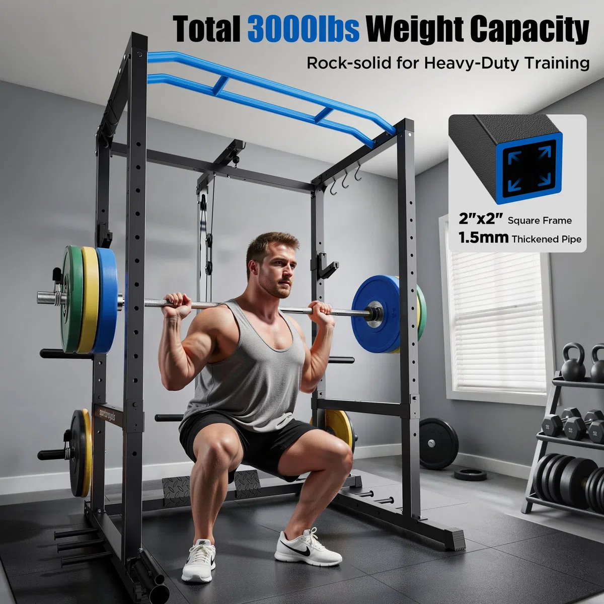 Sportsroyals Power Cage - Power Rack da 725,7 kg con cavo regolabile Crossover, multifunzione Squat Rack con sistema di puleggia e accessori per allenamento per palestra domestica