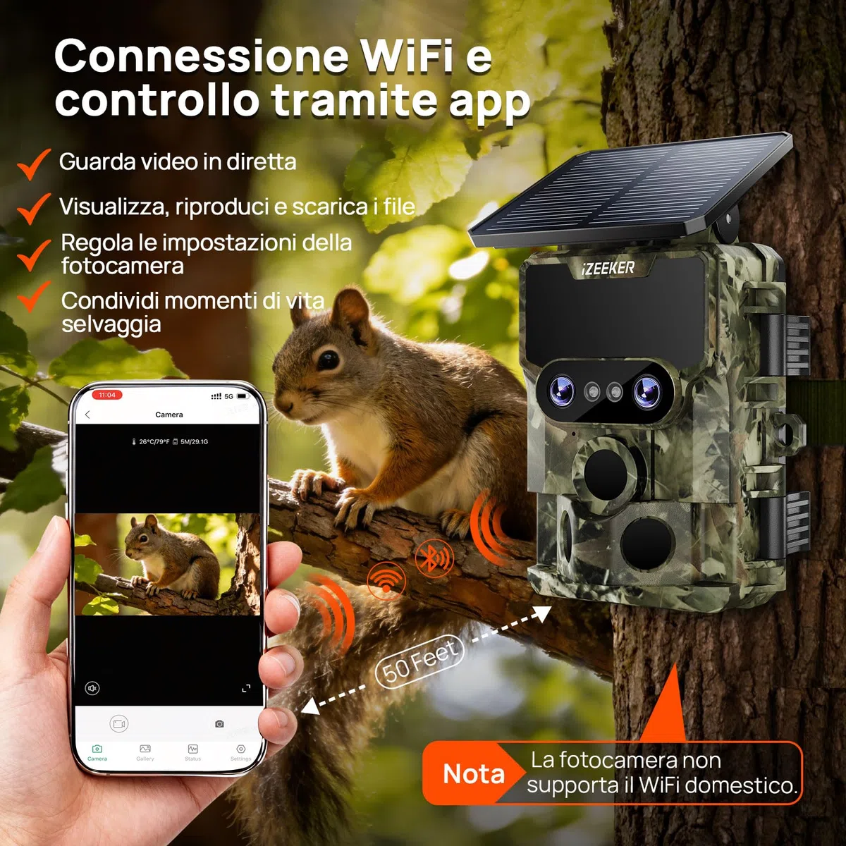 iZEEKER iG600 Fototrappola con Doppia Lente 4K 30fps 64MP, con Scheda SD 32GB, WiFi Bluetooth Fotocamera Caccia Visione Notturna Starlight Angolo di Rilevamento 120° Tempo di Trigger 0,1s IP66