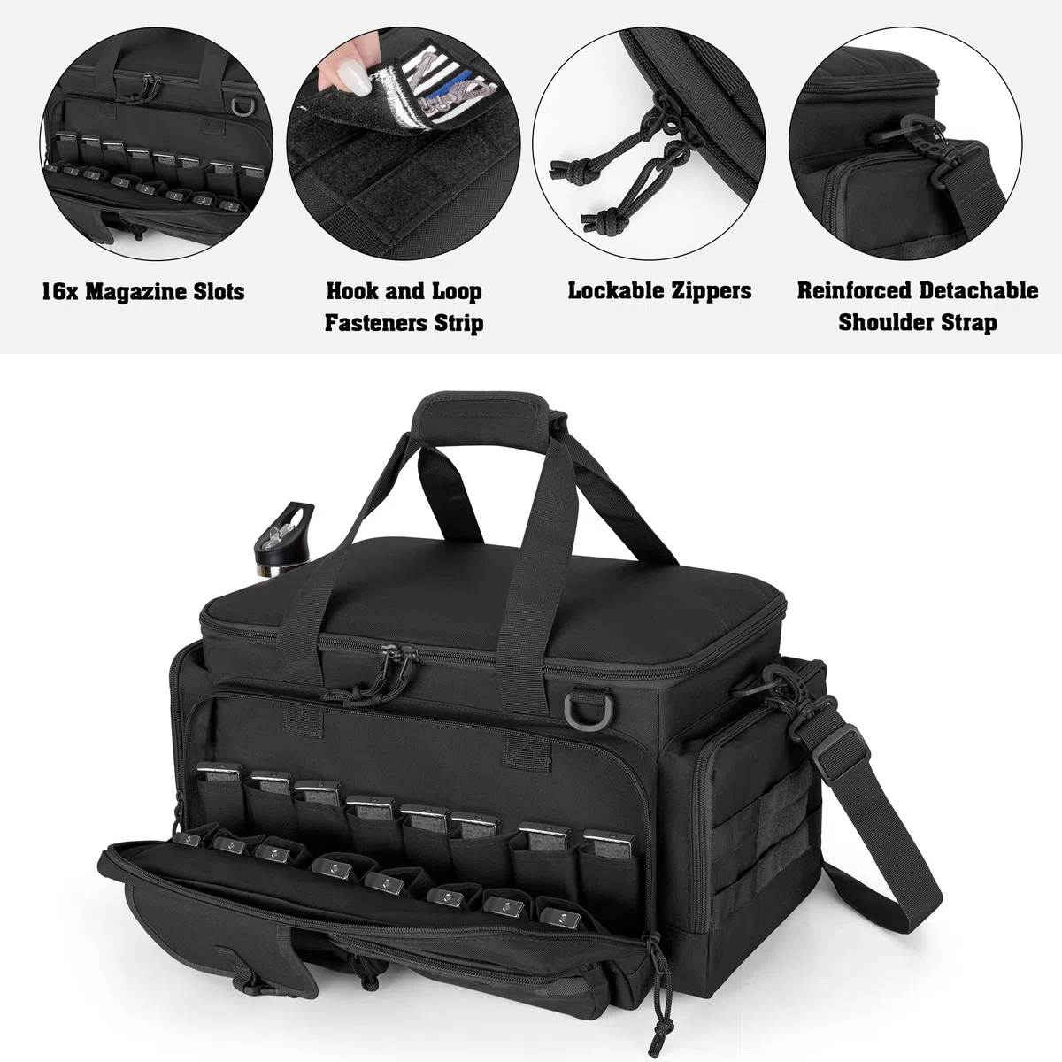 DSLEAF Sac tactique pour pistolet avec 4 étuis à pistolet, sac de sport rembourré avec 16 emplacements pour magazines et poches supplémentaires pour munitions et essentiels (brevet en instance)
