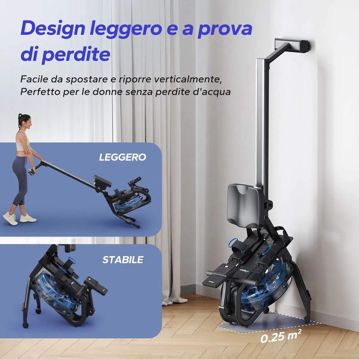 MERACH Vogatore ad acqua per casa, vogatore con resistenza all'acqua da 15 l, connettività Bluetooth e app, supporto per iPad, sedile ergonomico, conservazione verticale salvaspazio