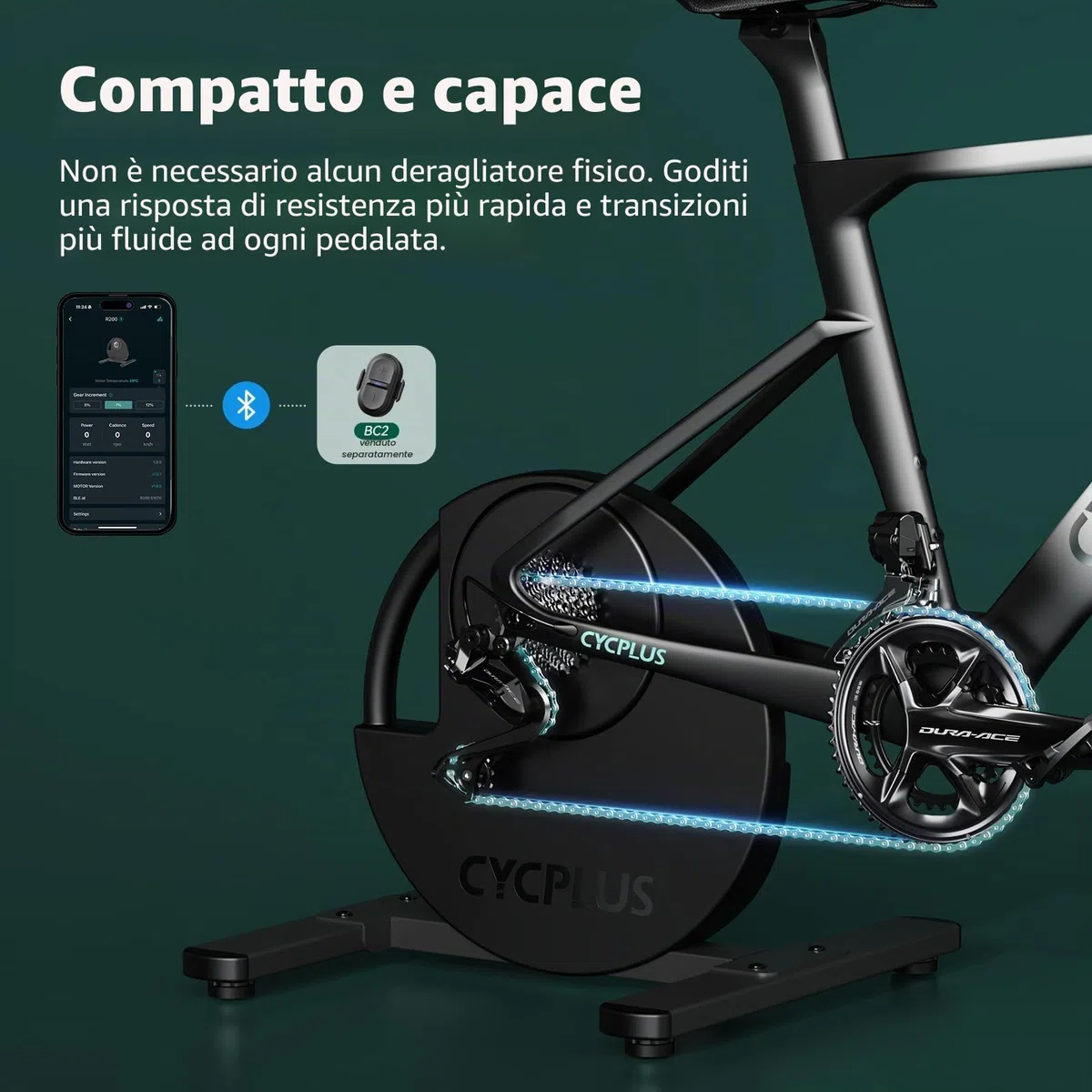 CYCPLUS R200 Smart Cyclette da Interno, Motore Brushless da 2200W, Simulatore di Pendenza al 19%, Modalità Dual BLE & ANT+, Cambio Virtuale, Simulazione di Salita/Discesa, Super Silenziosa per un