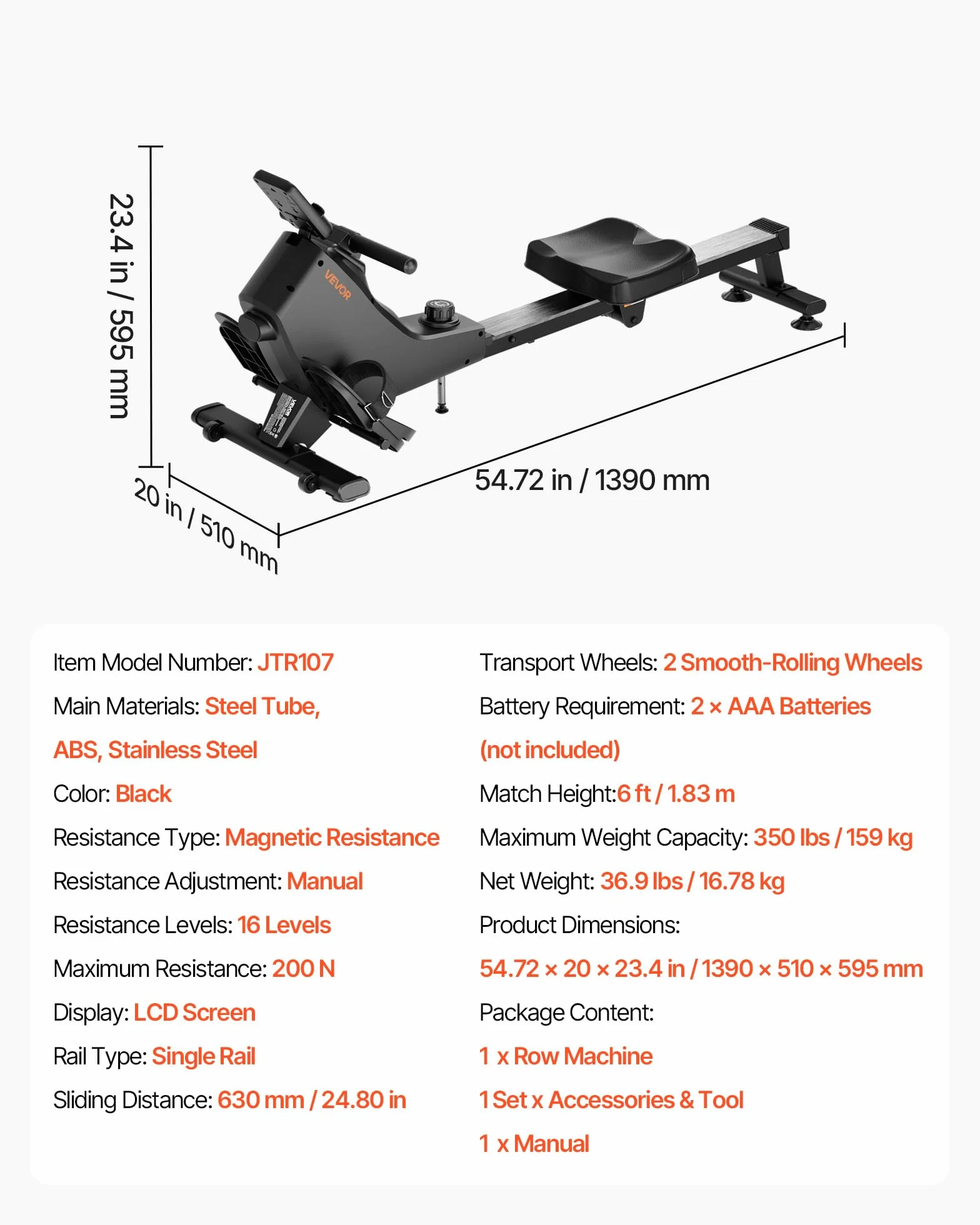 VEVOR Vogatore Magnetico, Resistenza Silenziosa Regolabile a 16 Livelli, Vogatore Pieghevole per la Casa, Capacità 158 kg, Vogatori Allenamento Aerobico con APP Bluetooth e Monitor LCD