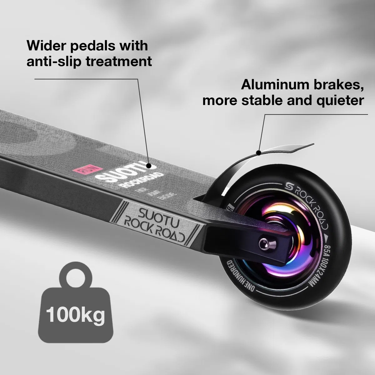 Monopattino Freestyle, Sterzo a 360°, Monopattino da Trick con Ruote in PU da 85A 100 mm, Stunt Scooter per Bambini Adolescente e Adulti, Capacità di Carico: 100 kg, Alluminio (Nero– Arcobaleno)