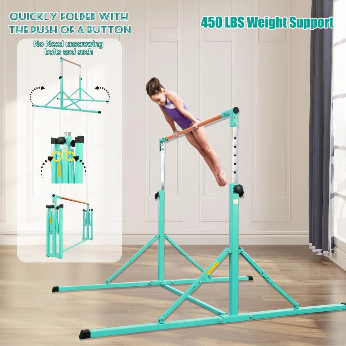 Barra da ginnastica senza oscillazione, base lunga 1,8 m, per bambini, super facile da piegare, barra per ginnastica regolabile, per bambini