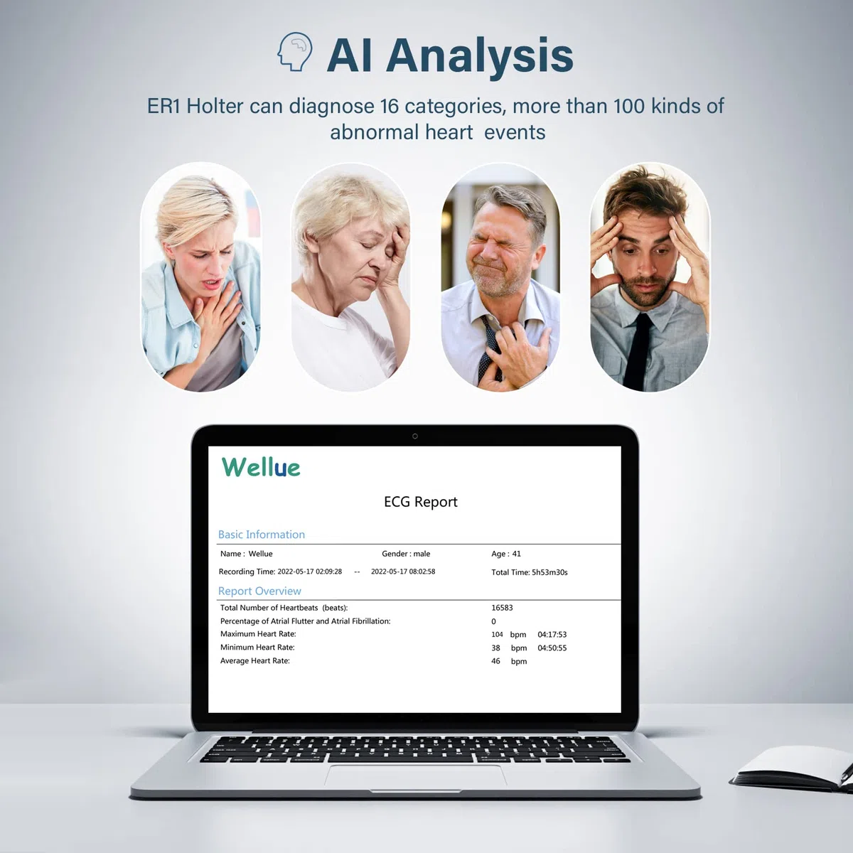 Wellue Monitor ECG, registratore Holter professionale con report di analisi AI-ECG, registrazione ECG 24 ore su 24, software di supporto per PC, stampa ECG PDF, cardiofrequenzimetro per uso domestico