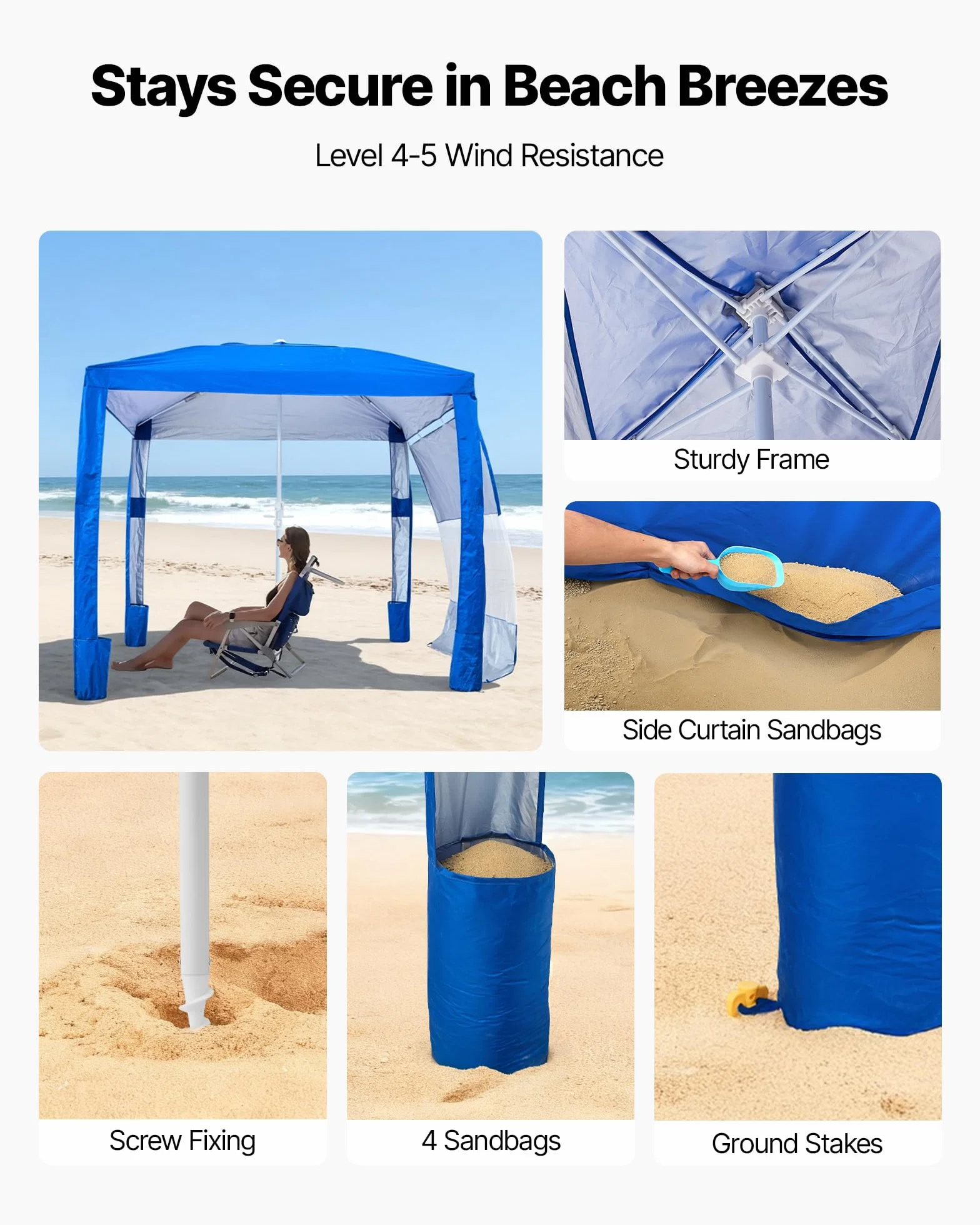VEVOR Parasole da Spiaggia Portatile 2400 x 2400 x 2400 mm con Parete Laterale e Tasche per la Sabbia, Facile da Montare, Ombrellone Parasole Portatile Regolabile in Altezza per Famiglia, Blu