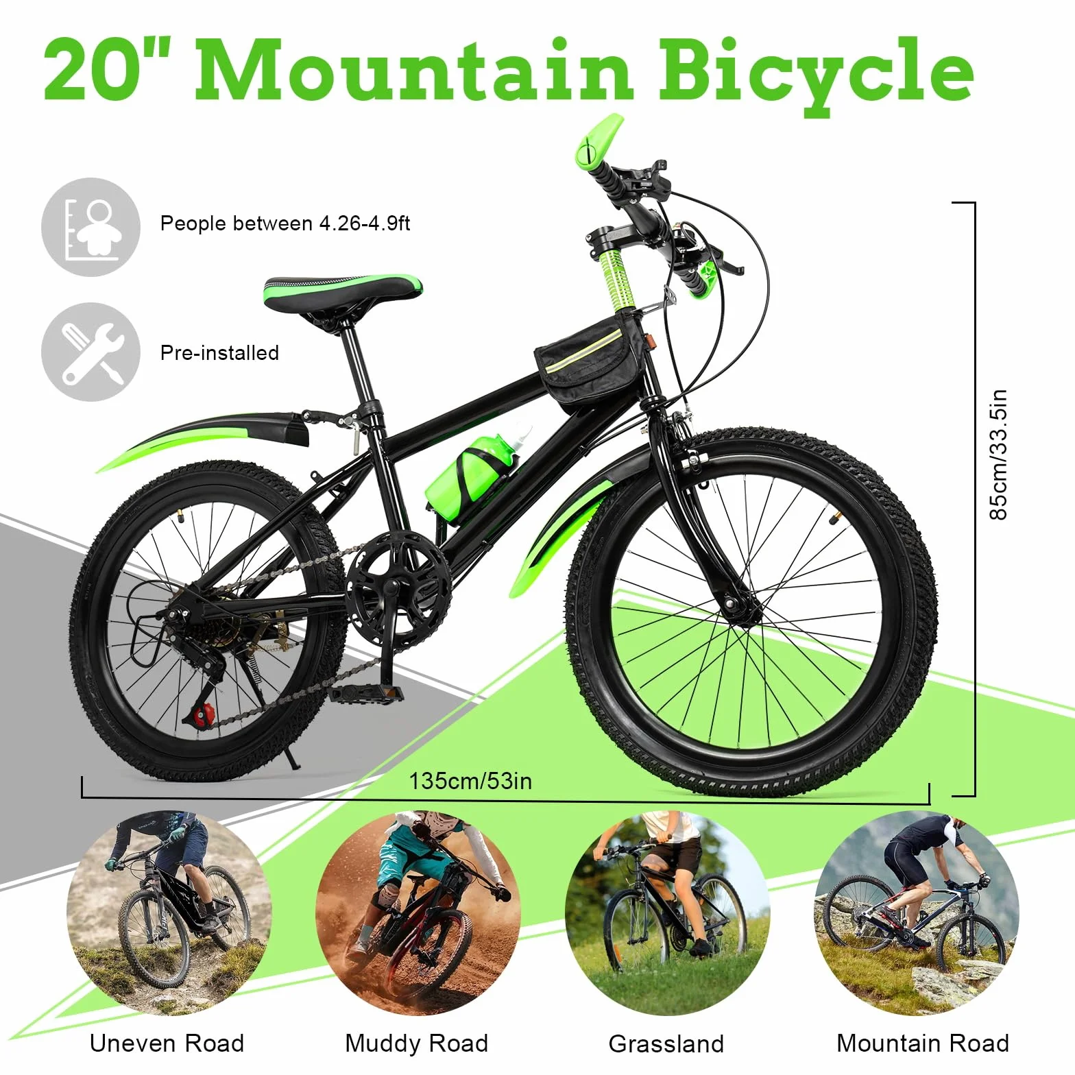 Bicicletta per bambini da 20 pollici, per ragazzi e ragazze, mountain bike a 7 marce, con parafango, bottiglia d'acqua, campanello, portata 85 kg, da 8 a 13 anni