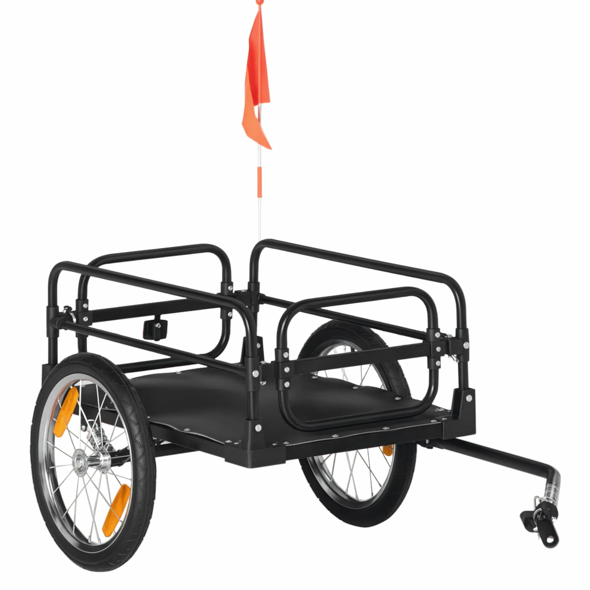 HOMCOM Rimorchio carico bicicletta, carrello rimovibile 2 ruote riflettenti, bandiera telaio ammortizzatore, 70 l, 40 kg, 125 x 64 x 53,5 cm, nero