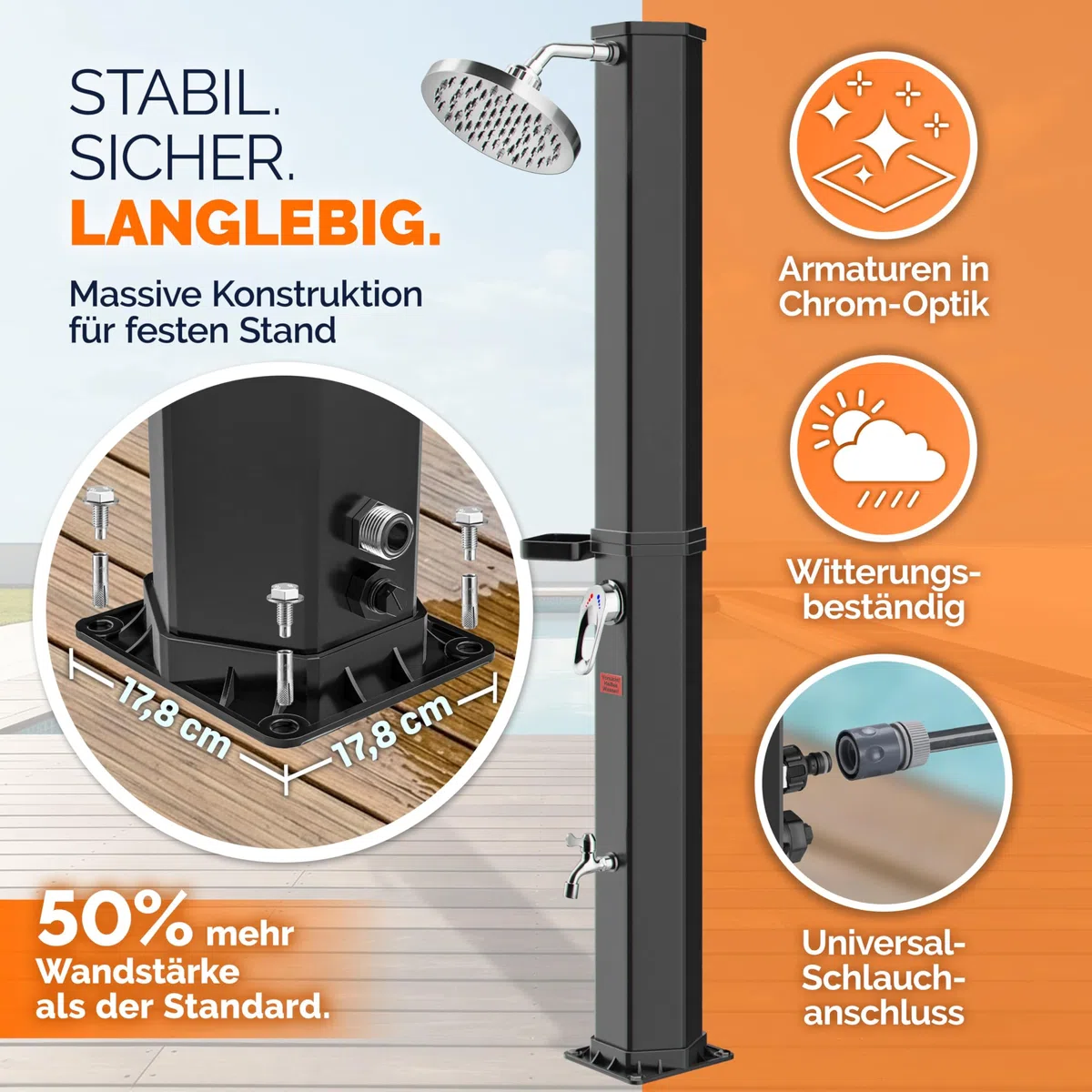Monzana® Doccia solare 35L Resistente ai raggi UV Vassoio in Acciaio Inossidabile 105GSM Copertura Protettiva Doccino Regolabile a Pioggia Doccia Piscina Doccia Campeggio Acqua calda 60°C Esterno