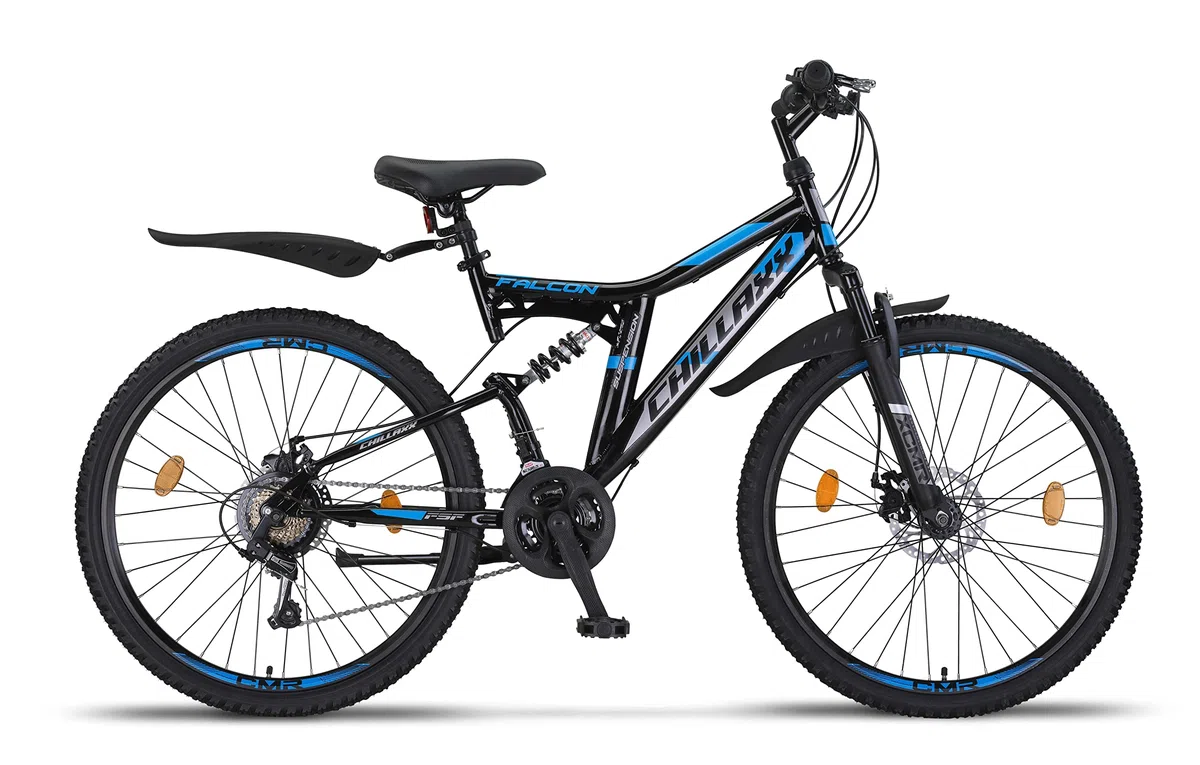Chillaxx Bike Falcon Premium Mountain Bike da 24,26,27.5 e 29 pollici, bicicletta per ragazzi, ragazze, uomini e donne, freni a disco, cambio a 21 marce, sospensione completa