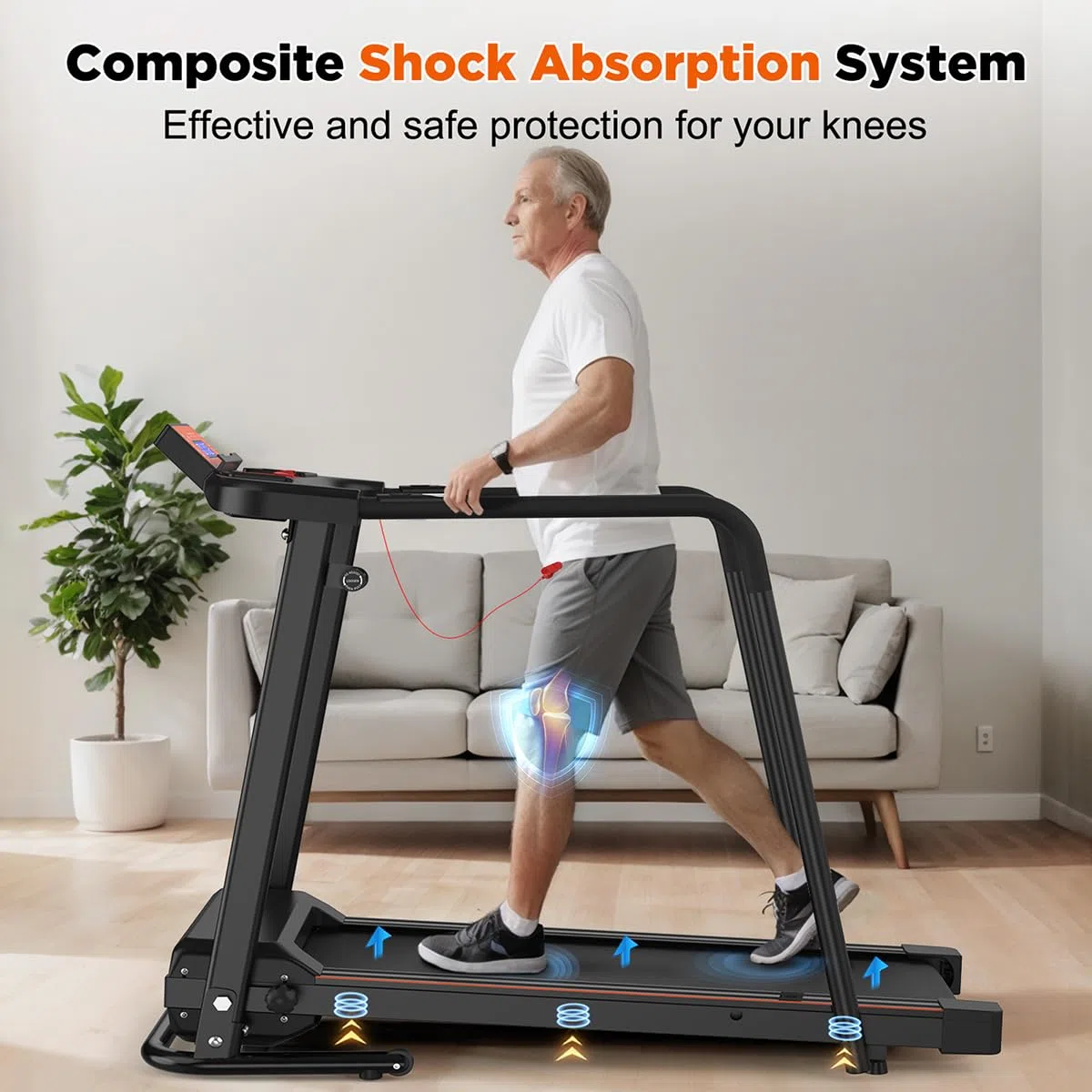 Tapis roulant Clover S200 con lunghi corrimano di sicurezza, velocità regolabile e schermo LCD di facile lettura. Speciale per anziani e riabilitazione. Superficie antiscivolo.