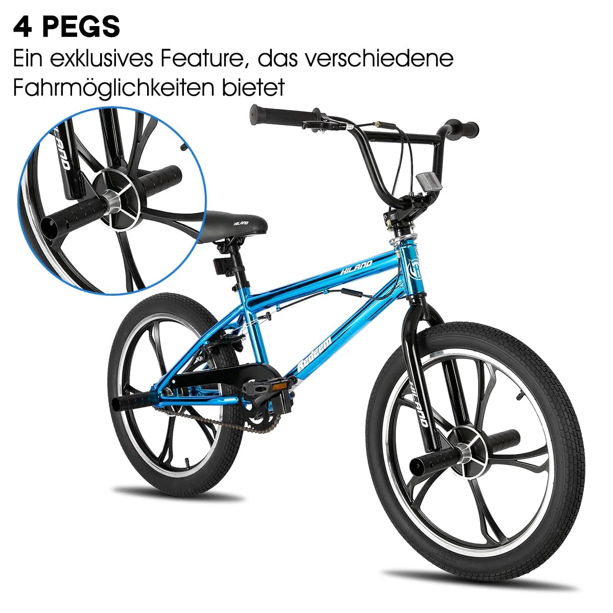 HILAND Bicicletta per bambini da 20 pollici, a 5 razze, per bambini e bambine di 7, 8, 9, 10 anni, rotore a 360 gradi, freestyle, 4 pedane single speed per bambini, BMX, colore blu