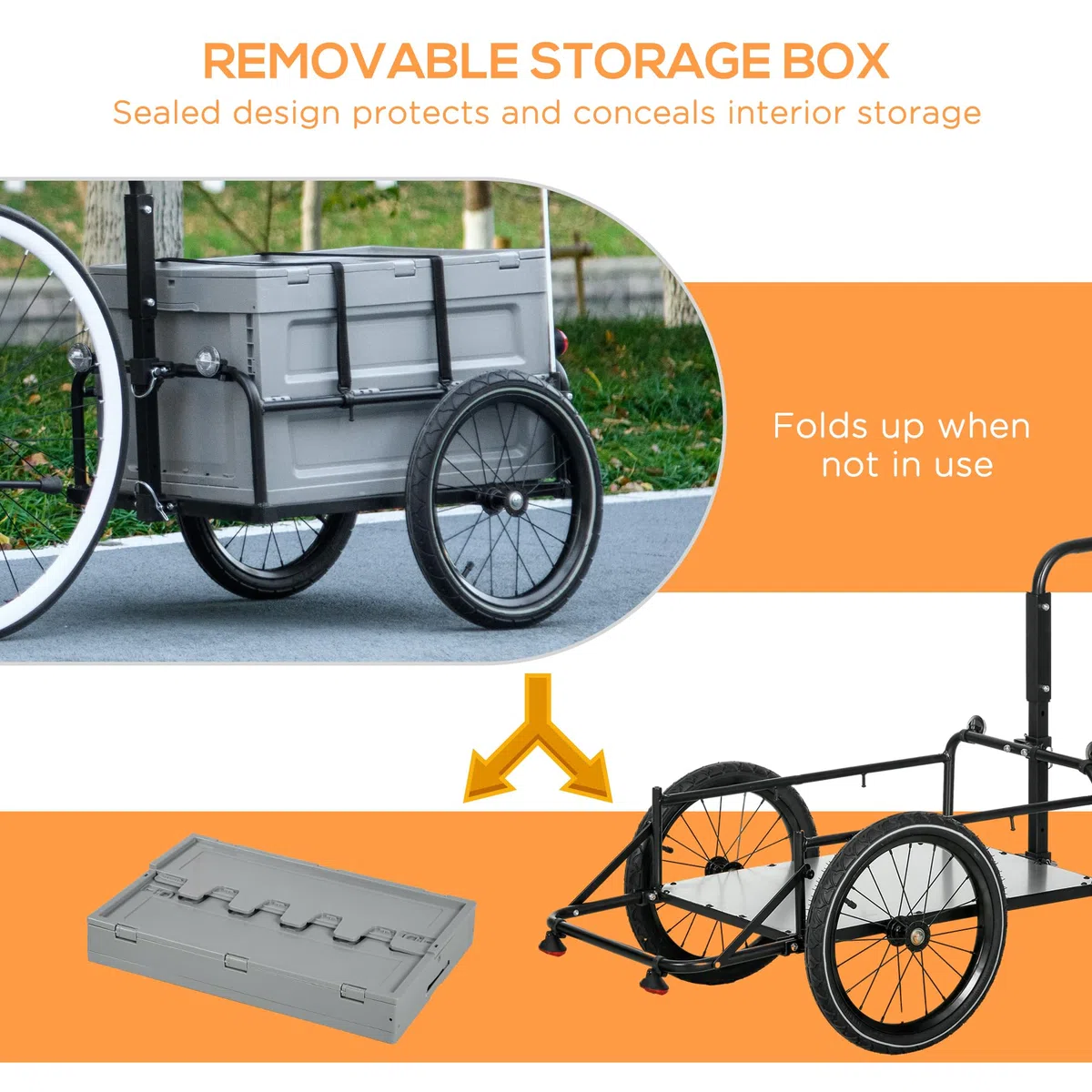 HOMCOM Rimorchio per bicicletta con cassetto portaoggetti estraibile pieghevole da 65 l, pneumatici e riflettori di sicurezza, carico massimo 40 kg, grigio