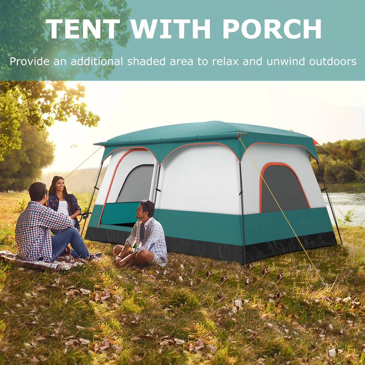 HOMASIS Tenda Campeggio con Portico e 2 Camere, Tenda Familiare da Esterno con 2 Finestre e 2 Porte, Gancio per Appendere la Lampada, Tasca Portaoggetti, Borsa da Trasporto, Grigio e Verde