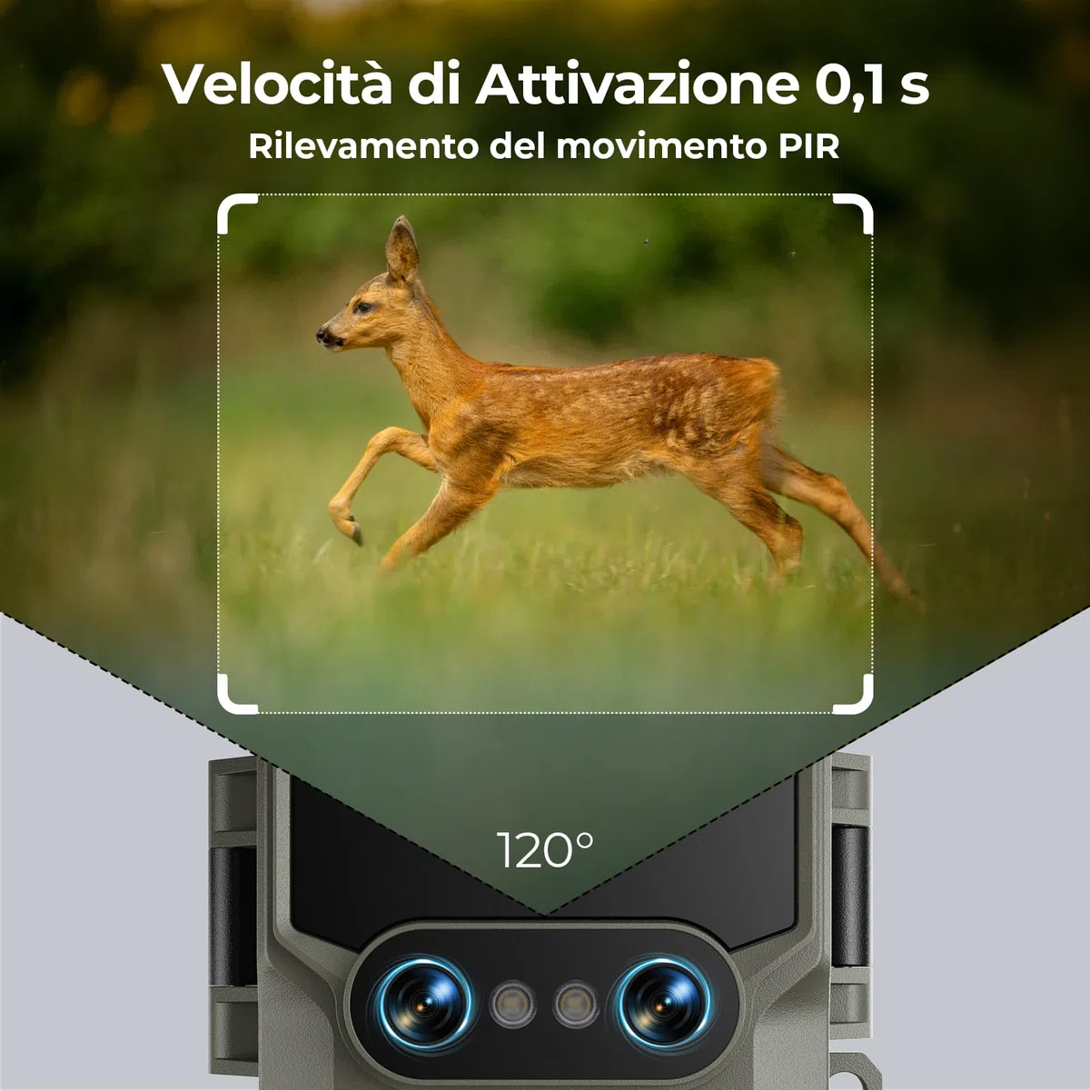 WOLFANG Fototrappola Solare 64MP 4K 30fps, Doppia Lente Wi-fi Bluetooth Fotocamera Caccia con Visione Votturna Stellata, 5000mAh Angolo di Rilevamento 120° Impermeabile IP66