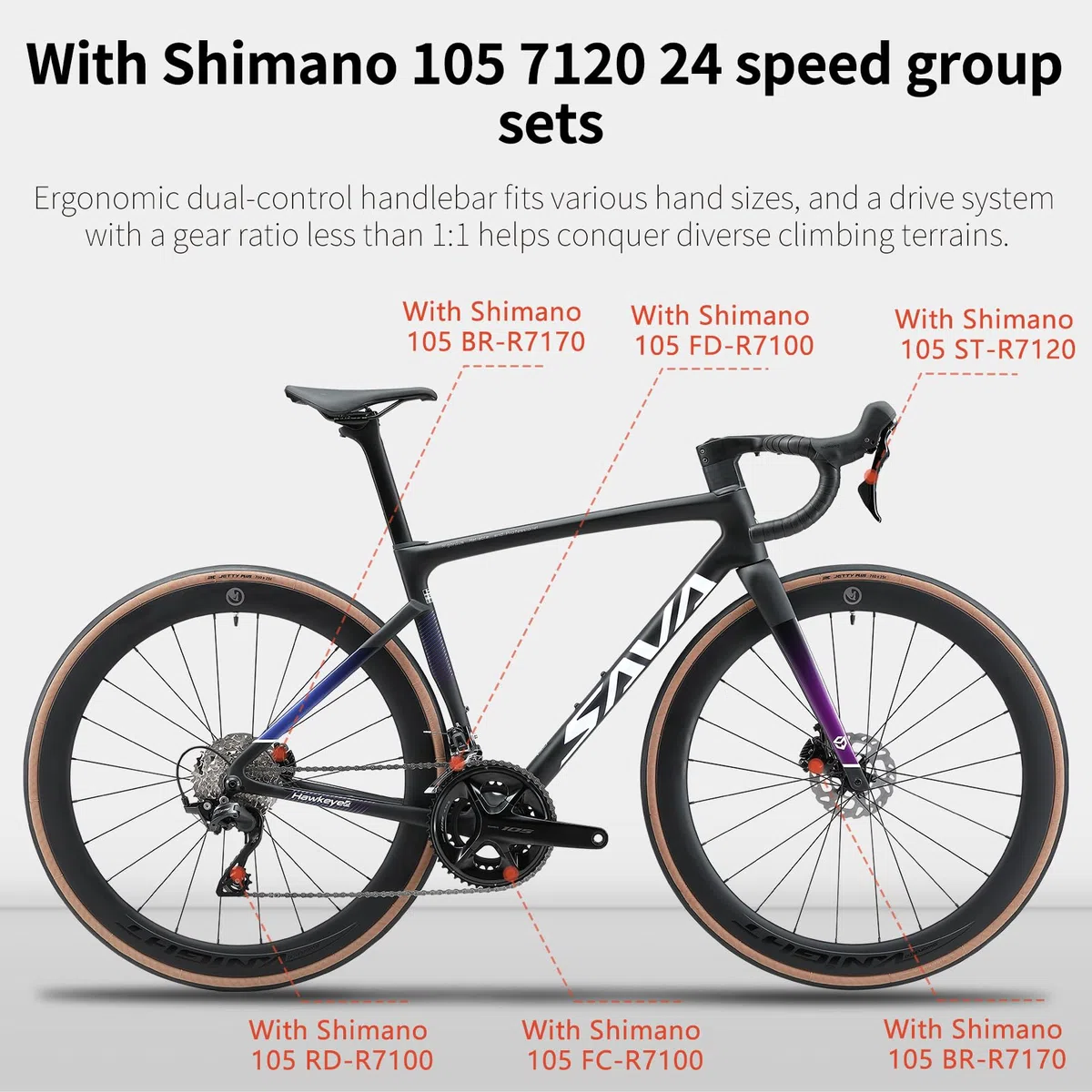 SAVADECK Carbon Road Bike, bici da corsa leggera Full Carbon con R7120 24S Shift Groupset e olio idraulico freno a disco bici
