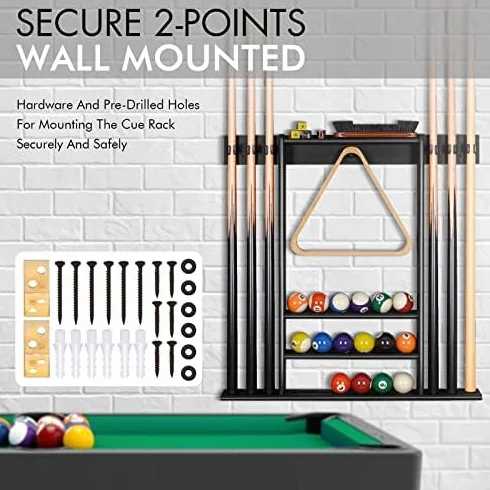 XCSOURCE - Porta stecche da biliardo, supporto da parete per stecche da biliardo, porta stecche da parete per 6 stecche da biliardo e set di palline, realizzato in bambù al 100%