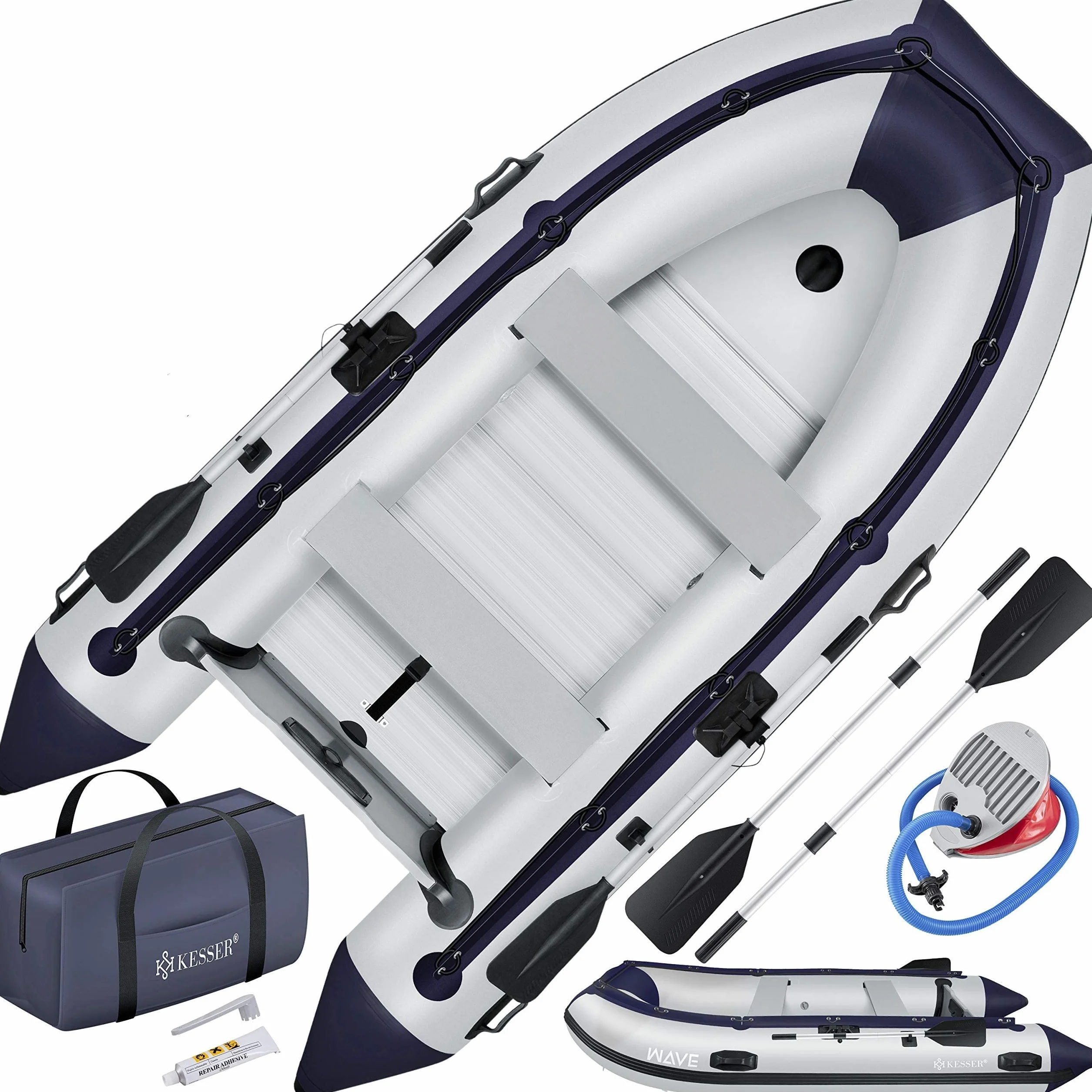 KESSER® Gommone di 3,20 m per 4 Persone - Compatibile con Motore Wave Imbarcazione da diporto Barca a Remi Barca a Motore Barca da Pesca - con 2 panche - Fondo in Alluminio Remi Pompa