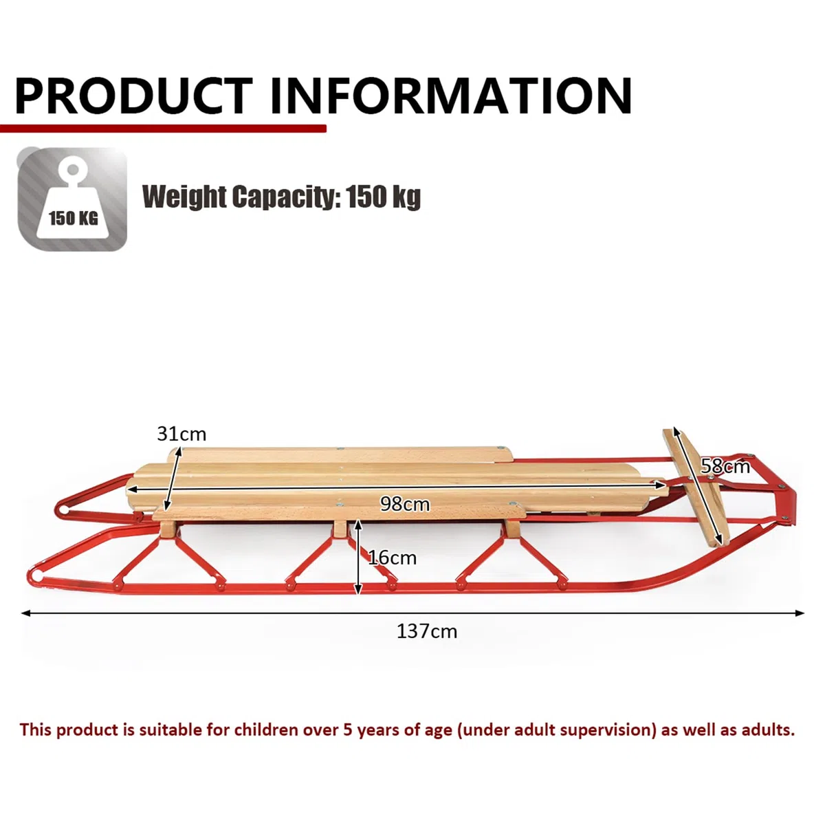 KOMFOTTEU Slittino in Legno e Metallo, Slitta da Neve Portato fino a 150 kg, con Pattini e Maniglie, Slittinoie per Bambini e Adulti, 137 x 58 x 16 cm