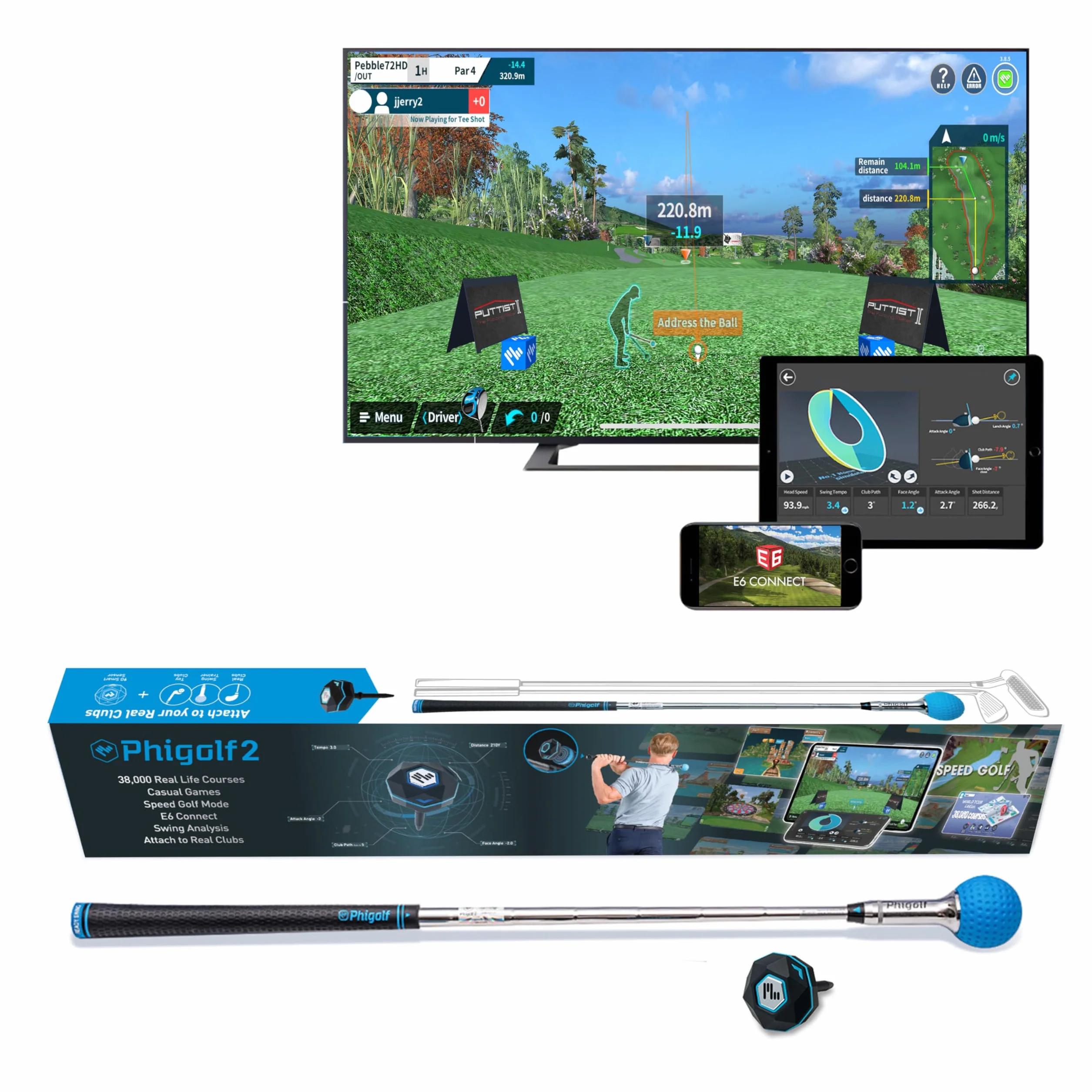 PHIGOLF Phigolf2 - Simulatore da Golf con Bastone per Altalena per Interni ed Esterni, con sensore di Movimento aggiornato e analisi Dell'Oscillazione 3D, Compatibile con App WGT/E6 Connect, Funziona