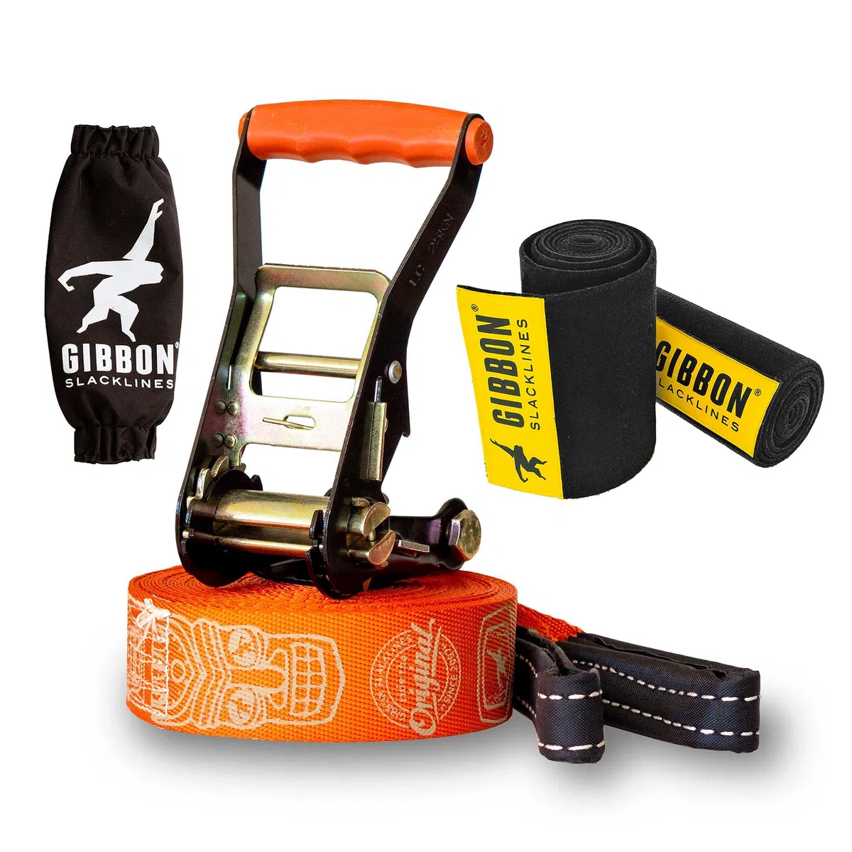 Gibbon Slacklines, Travel Line, con Treewear, marrone, 15 metri (12,5 m di fettuccia + 2,5 m con cricchetto cucito) larghezza 2"/5 cm