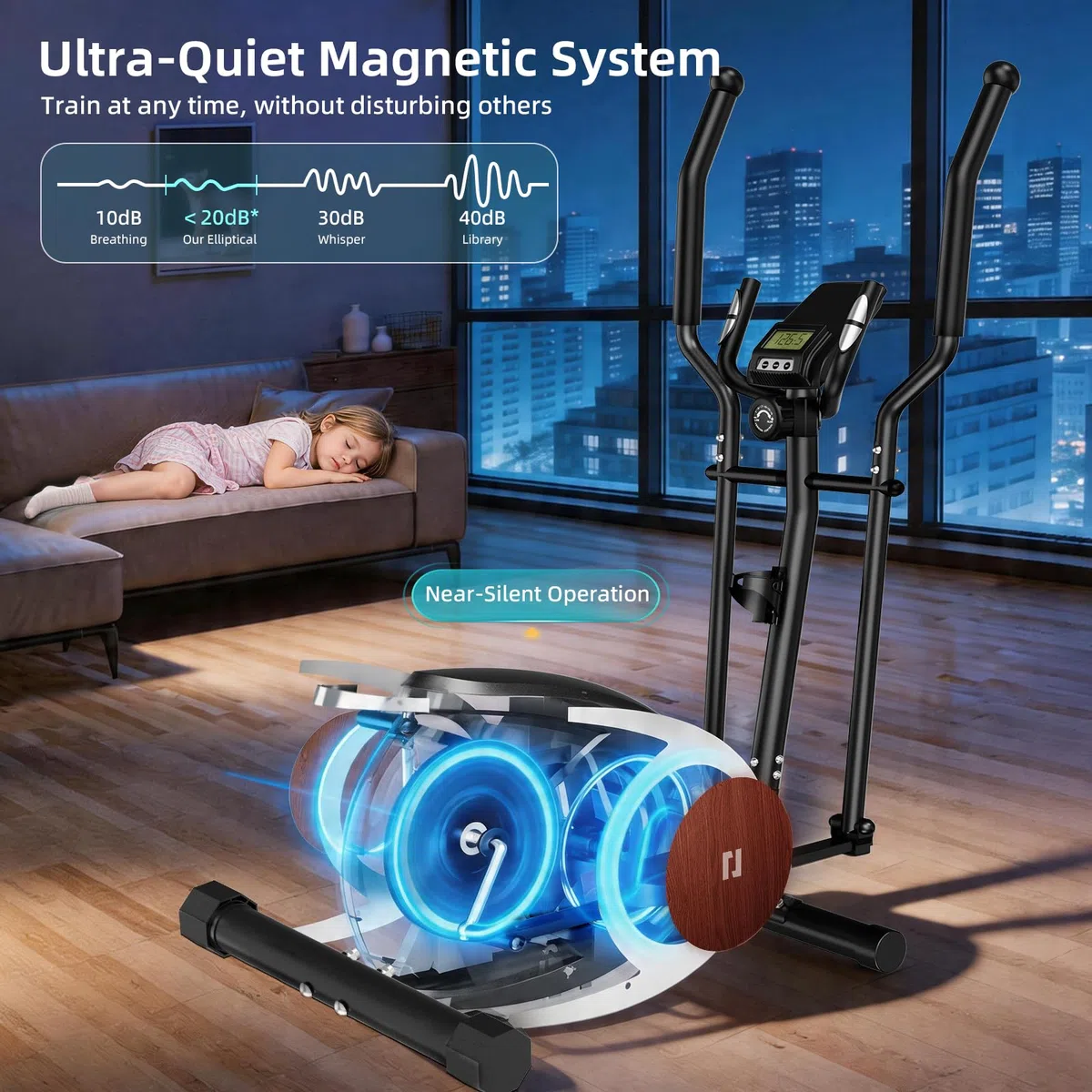 Ellittica da Casa, Ellittiche con 16 Livelli di Resistenza Magnetica, Display LCD con Bluetooth e Ruote di Trasporto, Attrezzo per L'allenamento Completo del Corpo a Casa con Portabottiglia