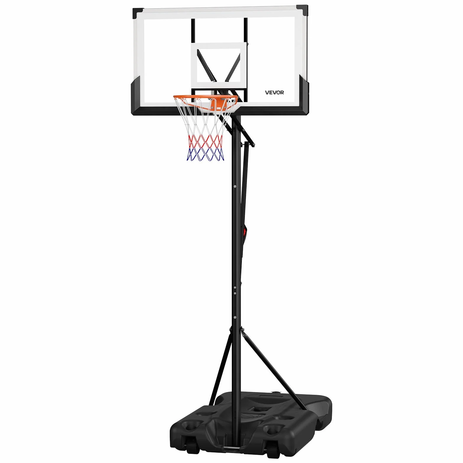 VEVOR Supporto da Basket Portatile Massimo 3,05 m Pallacanestro da Esterno con Piedistallo Regolabile in Altezza Design di Sollevamento, con Ruote e Tabellone PC da 1371,6 mm, per Cortili, Scuole