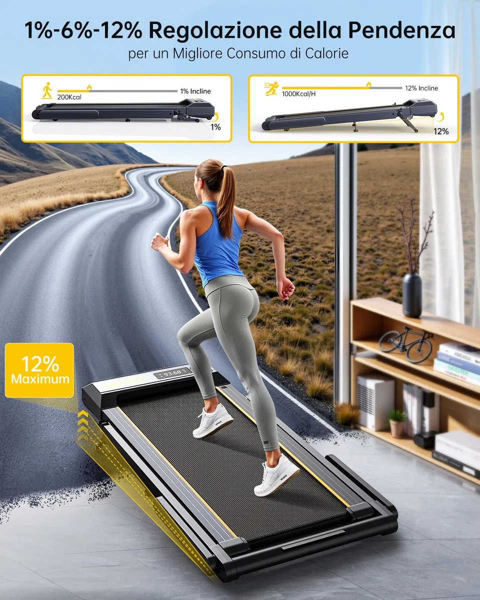 Tapis Roulant Elettrico Pieghevole 1-16km/h, Tapis Roulant con 12% Pendenza, Salvaspazio per Casa e Ufficio, Doppio Display LED, Cardiofrequenzimetro, 12 Programmi, APP e Telecomando