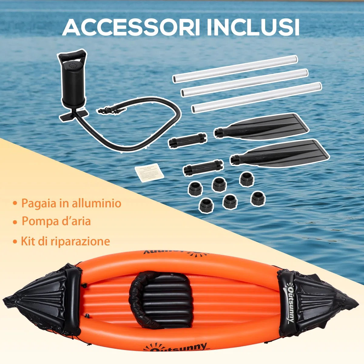 Outsunny Canoa Gonfiabile 1 Posto Kayak con Remo in Alluminio, Kit Riparazione e Pompa per Gonfiaggio, Arancione