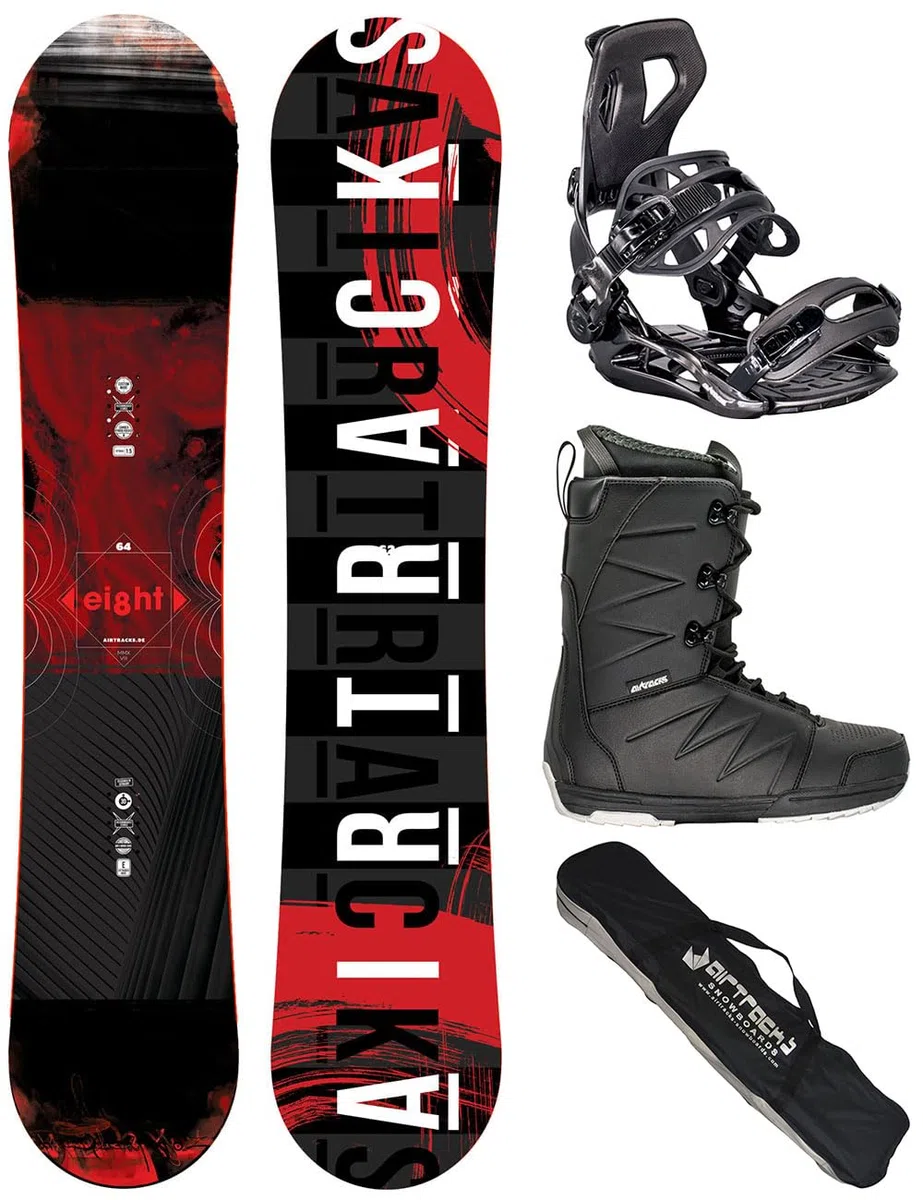 Snowboard Set AIRTRACKS Tavola Eight Wide Hybrid Rocker Uomo + Attacchi MASTER + Scarponi + Sacca NUOVI 150 155 160 164 cm