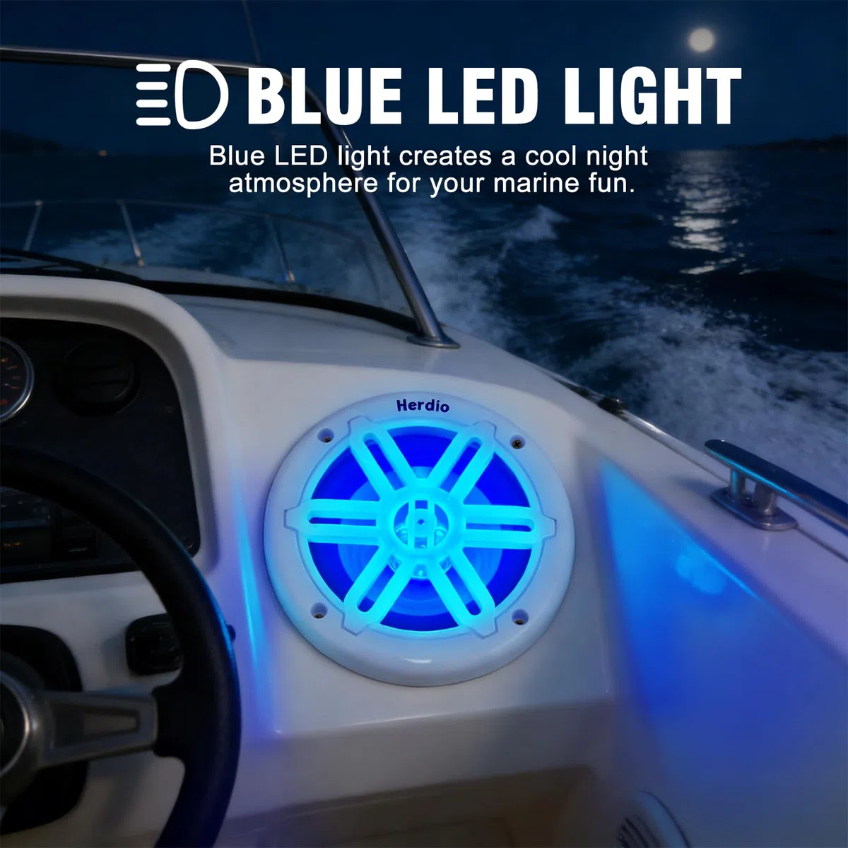 Herdio 8" 450W Marine Speakers - IP66 Waterproof Coaxial Audio, with Blue LED Light for Boats, ATVs, UTVs with UV Resistant White Grille (A Pair)