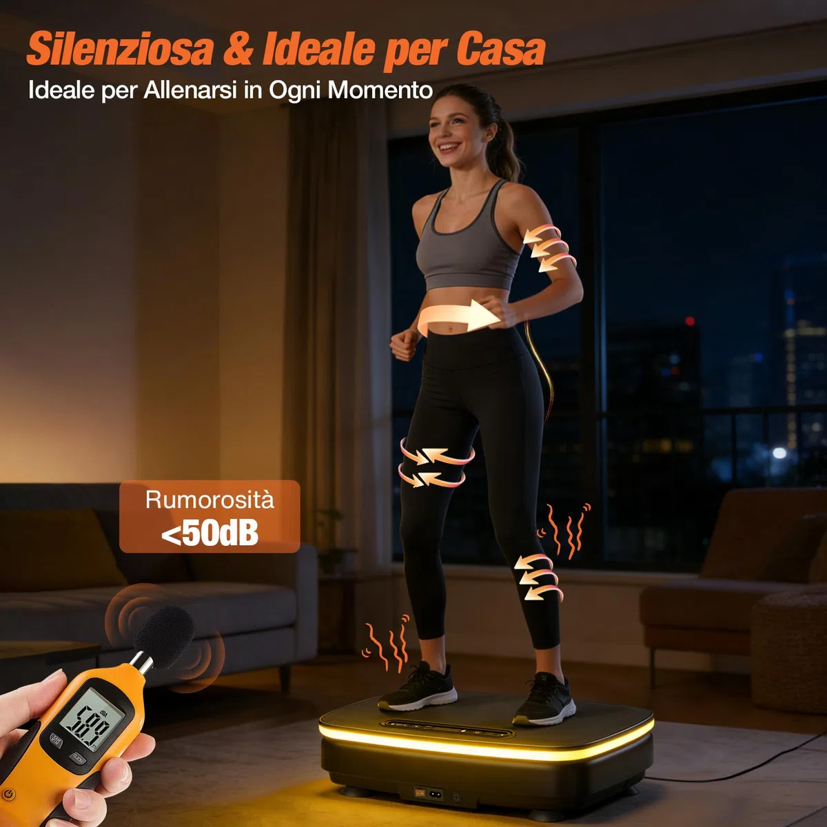 DH FitLife Pedana Vibrante per Casa | 0–99 Livelli con Timer | 9 Programmi Automatici | Silenziosa con Ventose | Luci LED & Altoparlante Bluetooth | Bande di Resistenza Incluse | Portata 150 kg