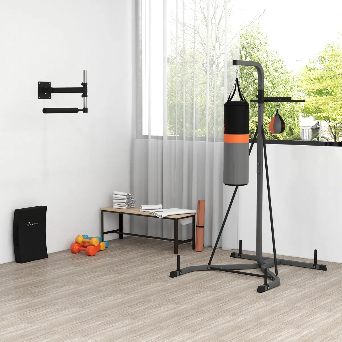 HOMCOM Stazione Multiuso Regolabile con Sacco da Boxe 20kg e Punching Ball per Allenamento Pugilato